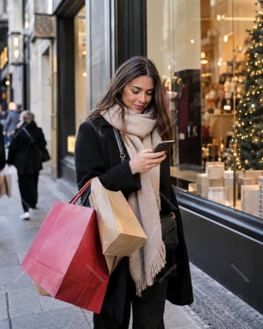 Mujer Revisando Su Teléfono Durante Las Compras Navideñas