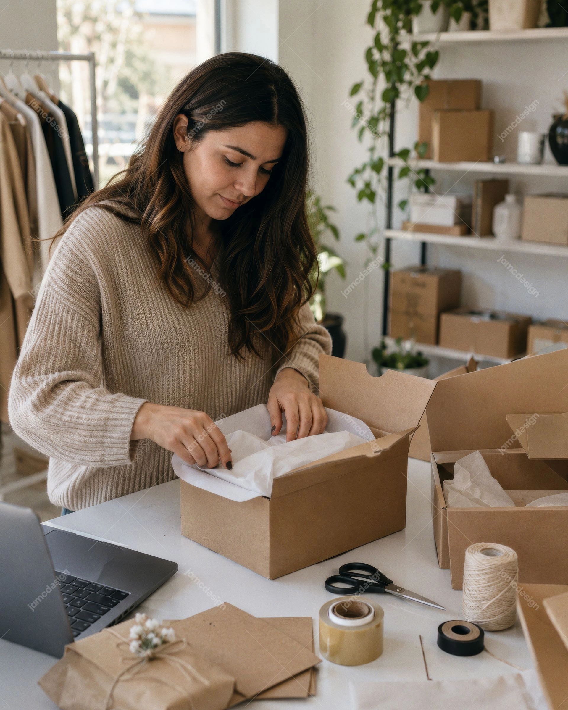 Emprendedora Preparando Pedidos En Línea En Casa. Esta foto realista en JPG muestra a una mujer preparando cajas de cartón para envíos con papel de seda