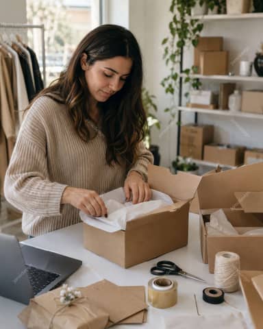 Small Business Owner Packing Online Orders At Home