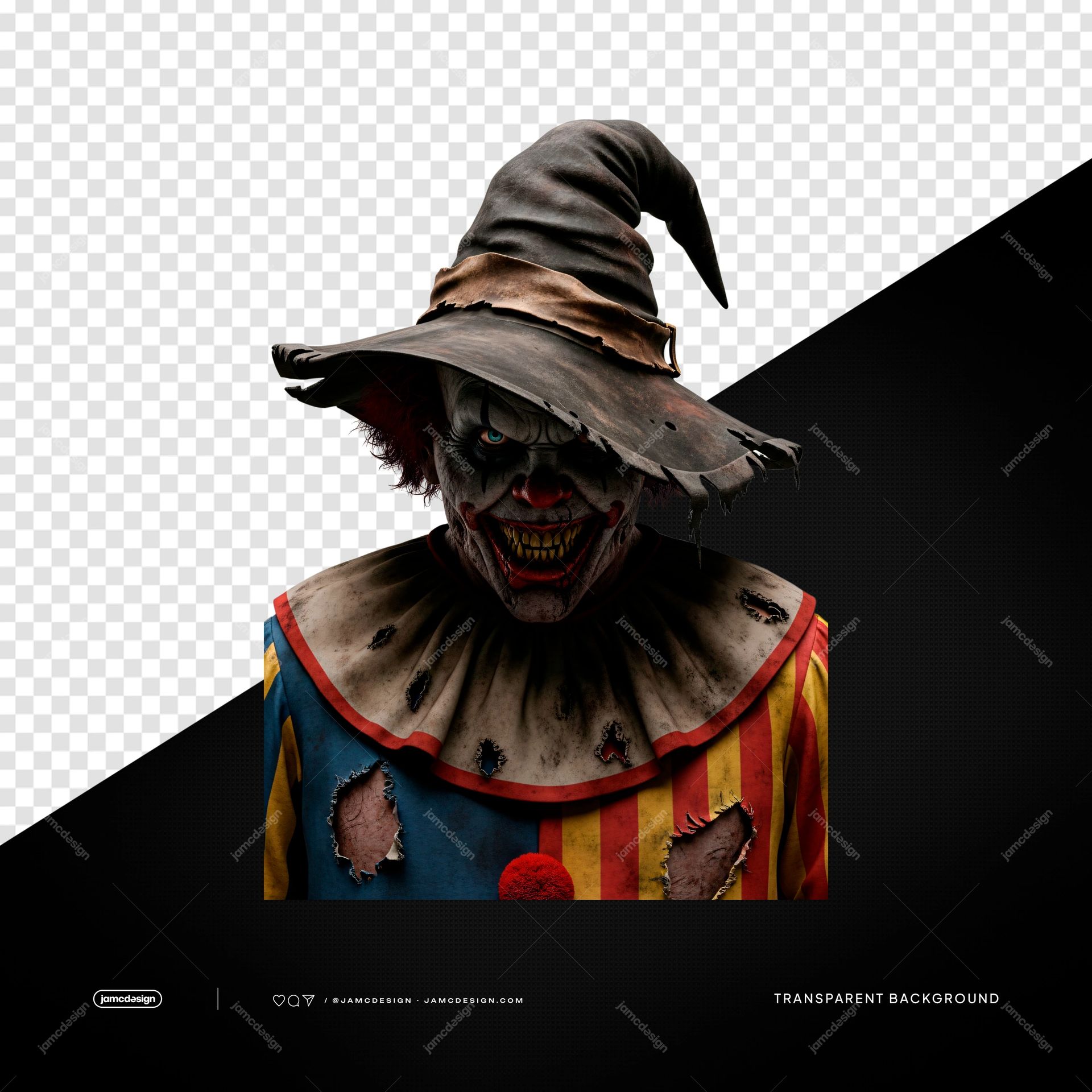 Scary Carnival Clown Weathered Costume Horror Portrait PNG Transparent. Transparent PNG object featuring a frightening carnival clown in a weathered pointed