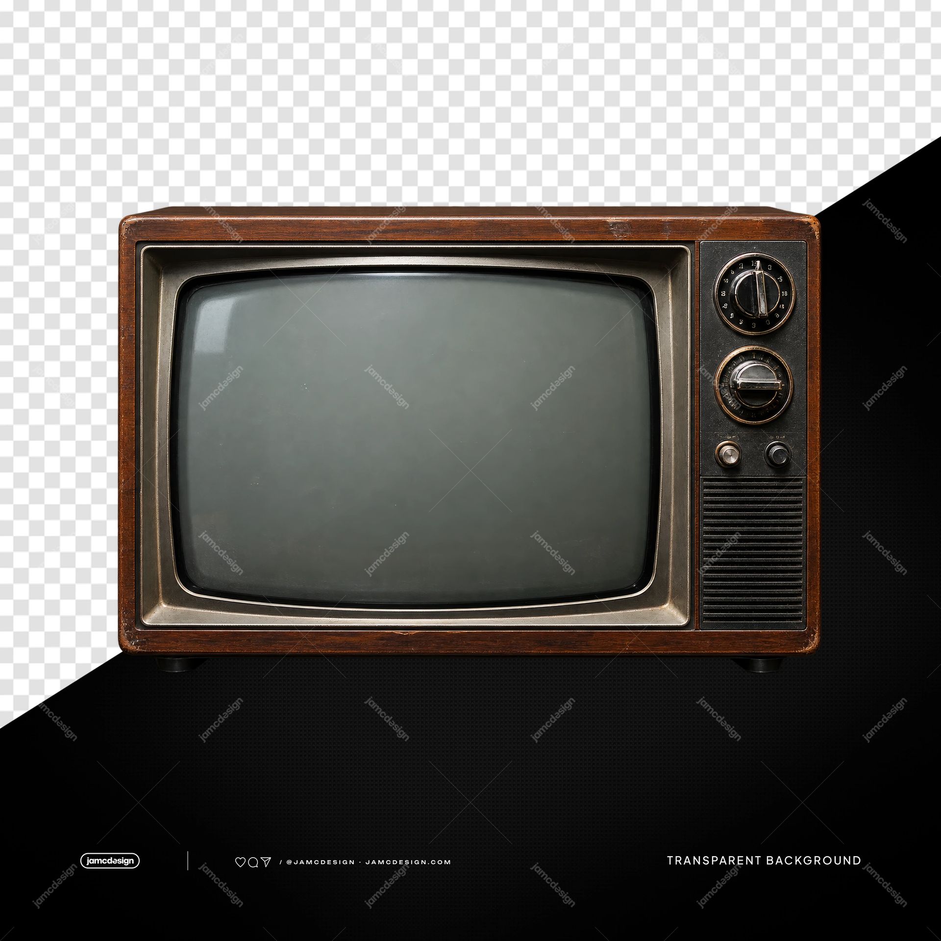 Vintage CRT Television With Wooden Casing PNG. This transparent object PNG features a vintage CRT television with a curved blank screen, wood casing
