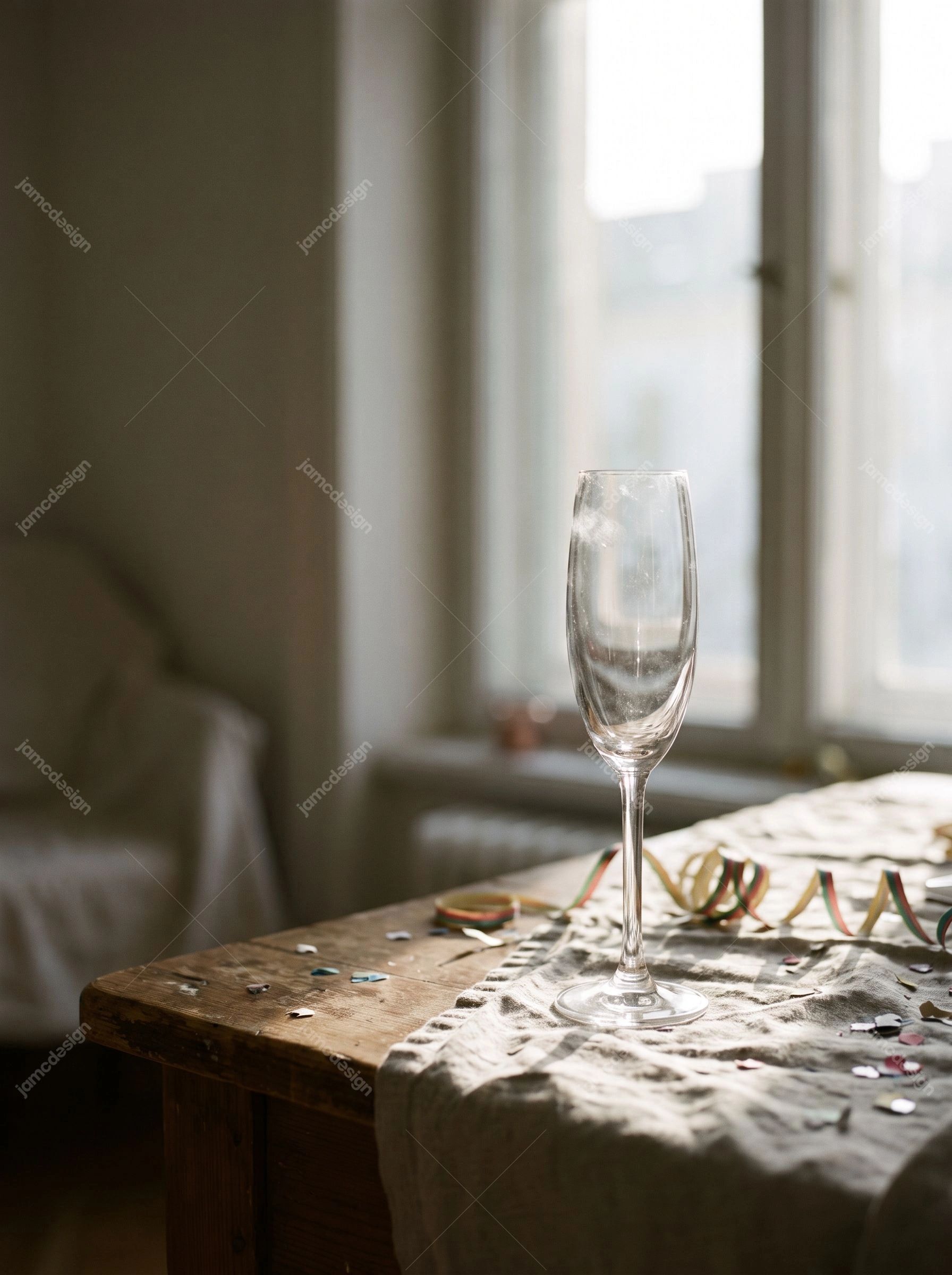Empty Champagne Glass After New Year's Eve Celebration. This JPG photo shows an empty champagne glass on a sunlit table with scattered confetti and a softly