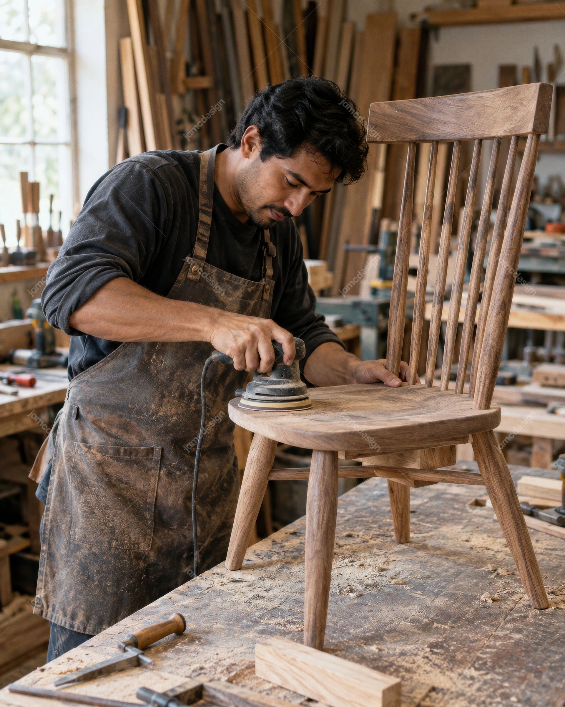Carpintero Lijando Silla De Madera En Taller. Esta foto JPG realista muestra a un hombre lijando una silla de madera en un banco de trabajo concurrido