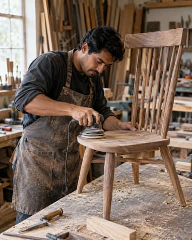 Carpintero Lijando Silla De Madera En Taller