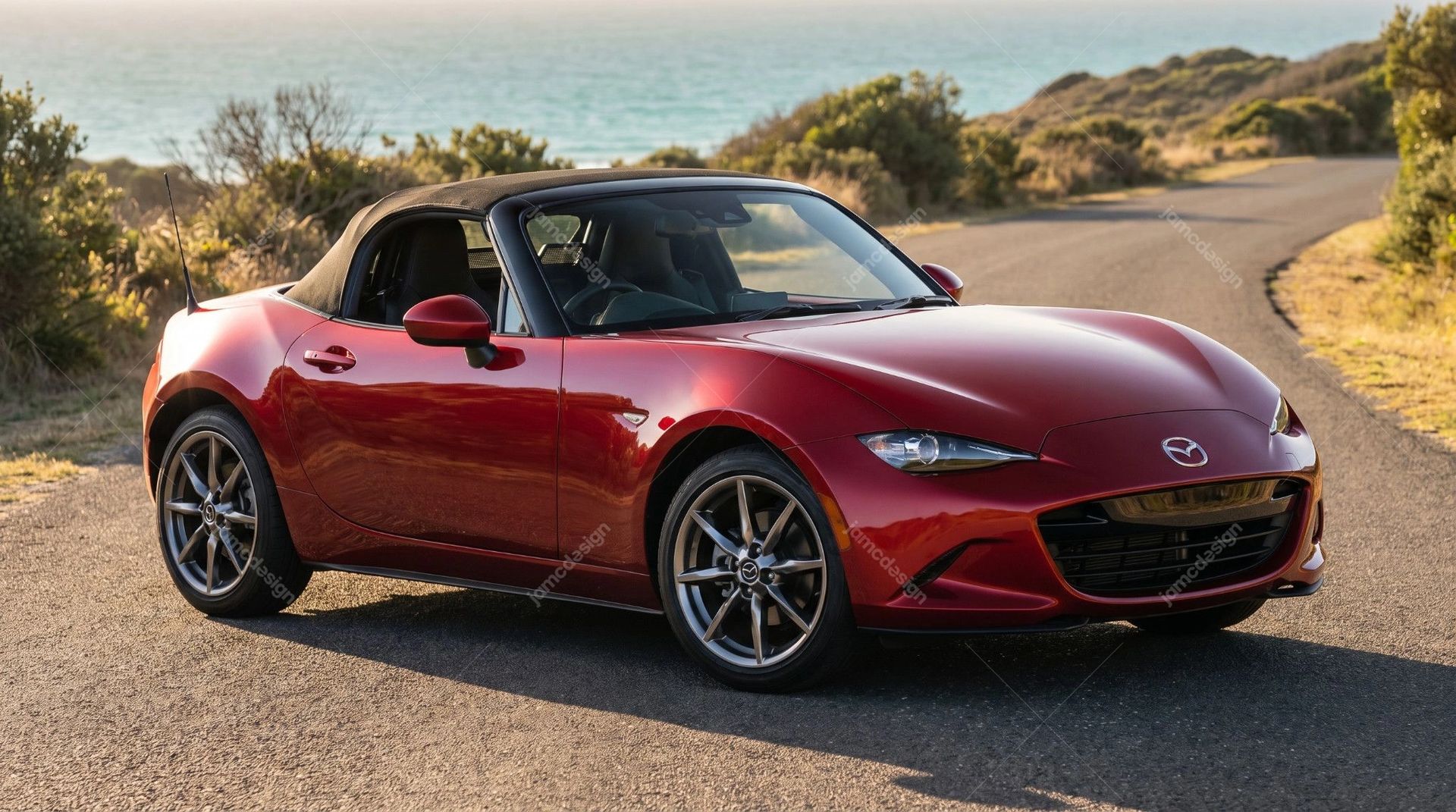 Red Mazda MX-5 On A Coastal Road. This realistic JPG photo shows a red convertible car on a winding coastal road