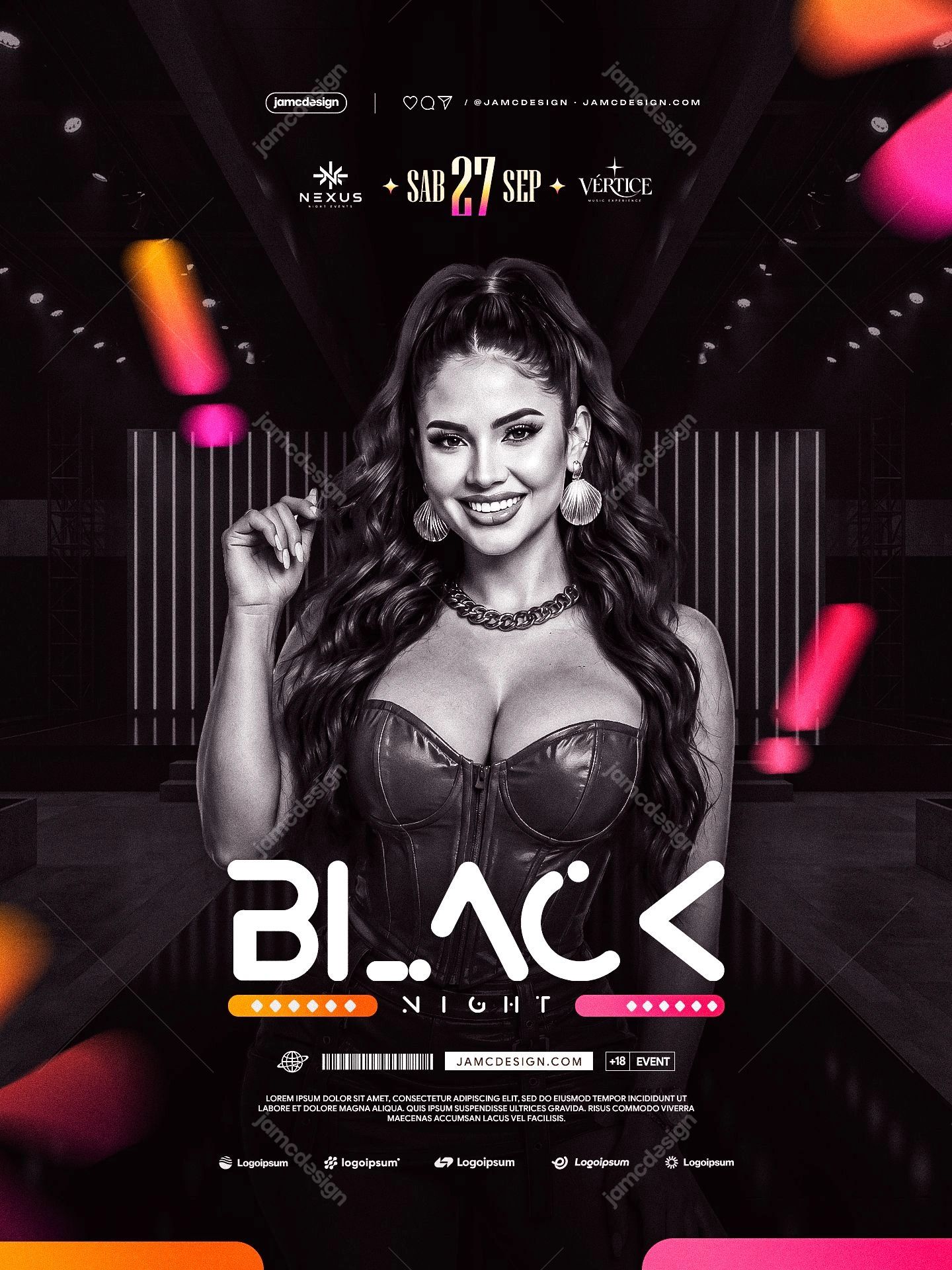 Black Night Event Flyer Template PSD. Editable PSD event flyer template featuring a smiling woman in a dark nightclub interior