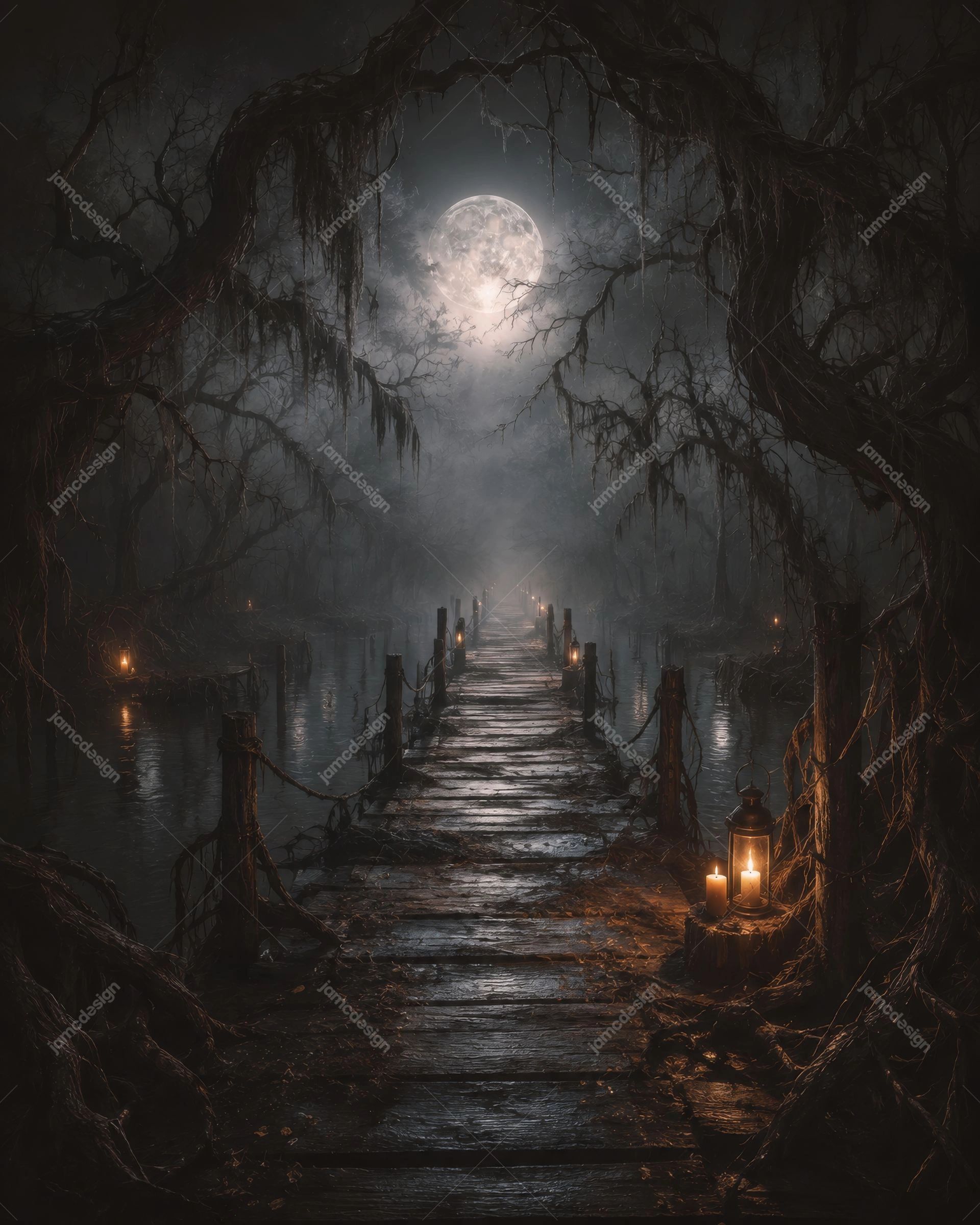 Foggy Swamp Bridge Full Moon Halloween Background. JPG background showing a misty wooden bridge over dark water