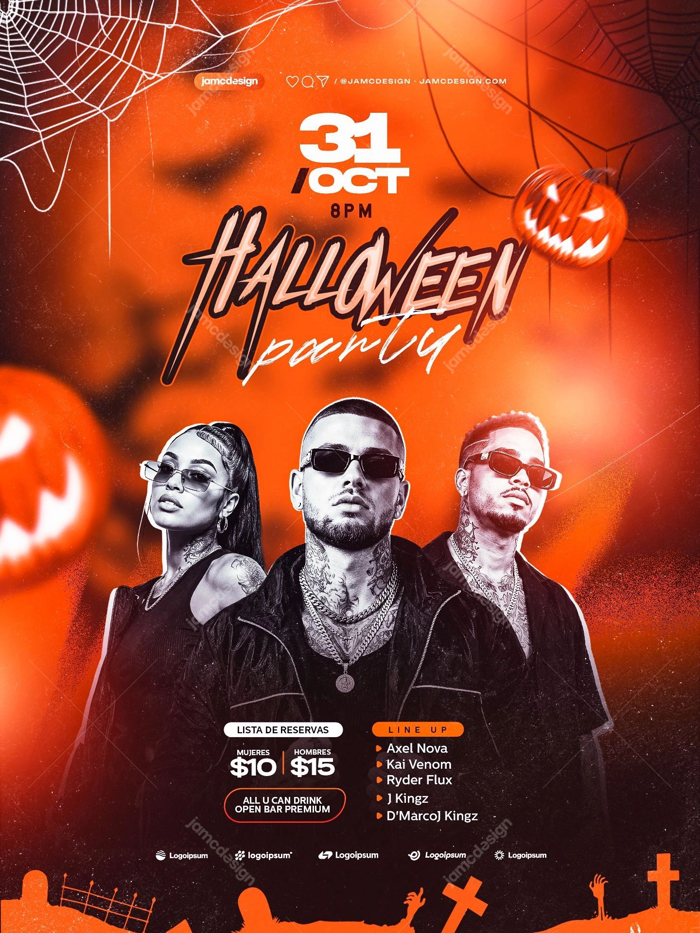Halloween Night Party Flyer Template PSD Editable. Editable PSD event flyer for a Halloween party, featuring three fashion styled models, glowing pumpkins