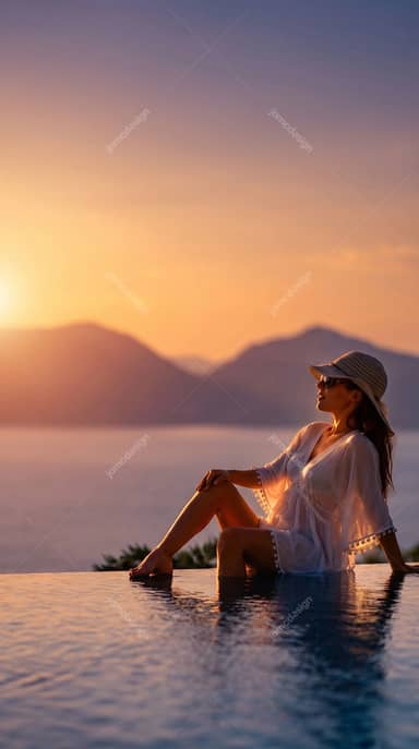 Woman Relaxing In An Infinity Pool At Sunset