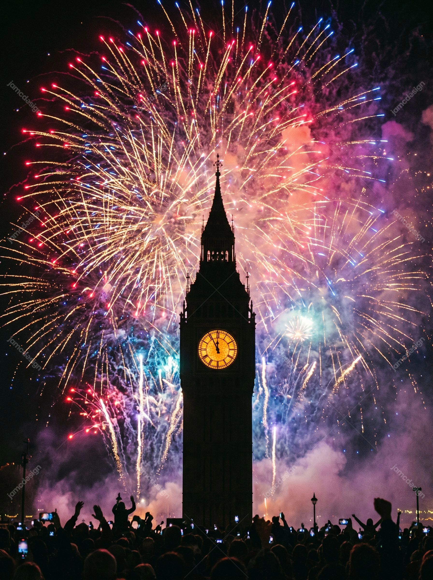 New Year Fireworks Behind A Midnight Clock Tower. Download this JPG photo of a midnight clock tower silhouetted against colorful fireworks