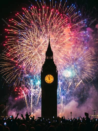 New Year Fireworks Behind A Midnight Clock Tower