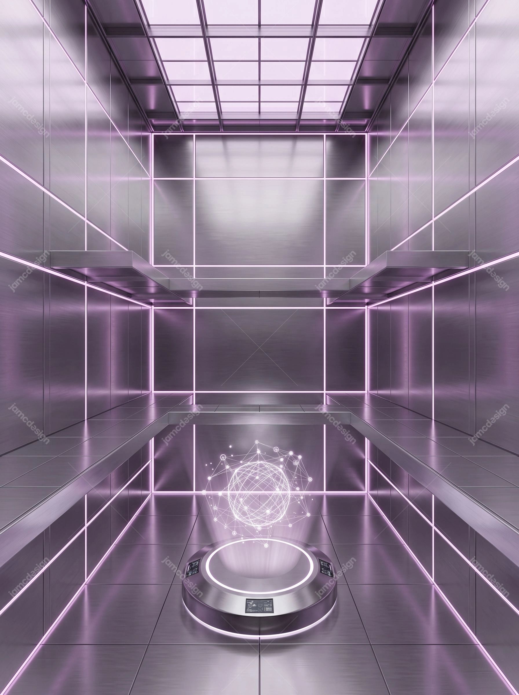 Futuristic Hologram Platform Room Background. This JPG background shows a futuristic metallic room with geometric panels, violet neon lines