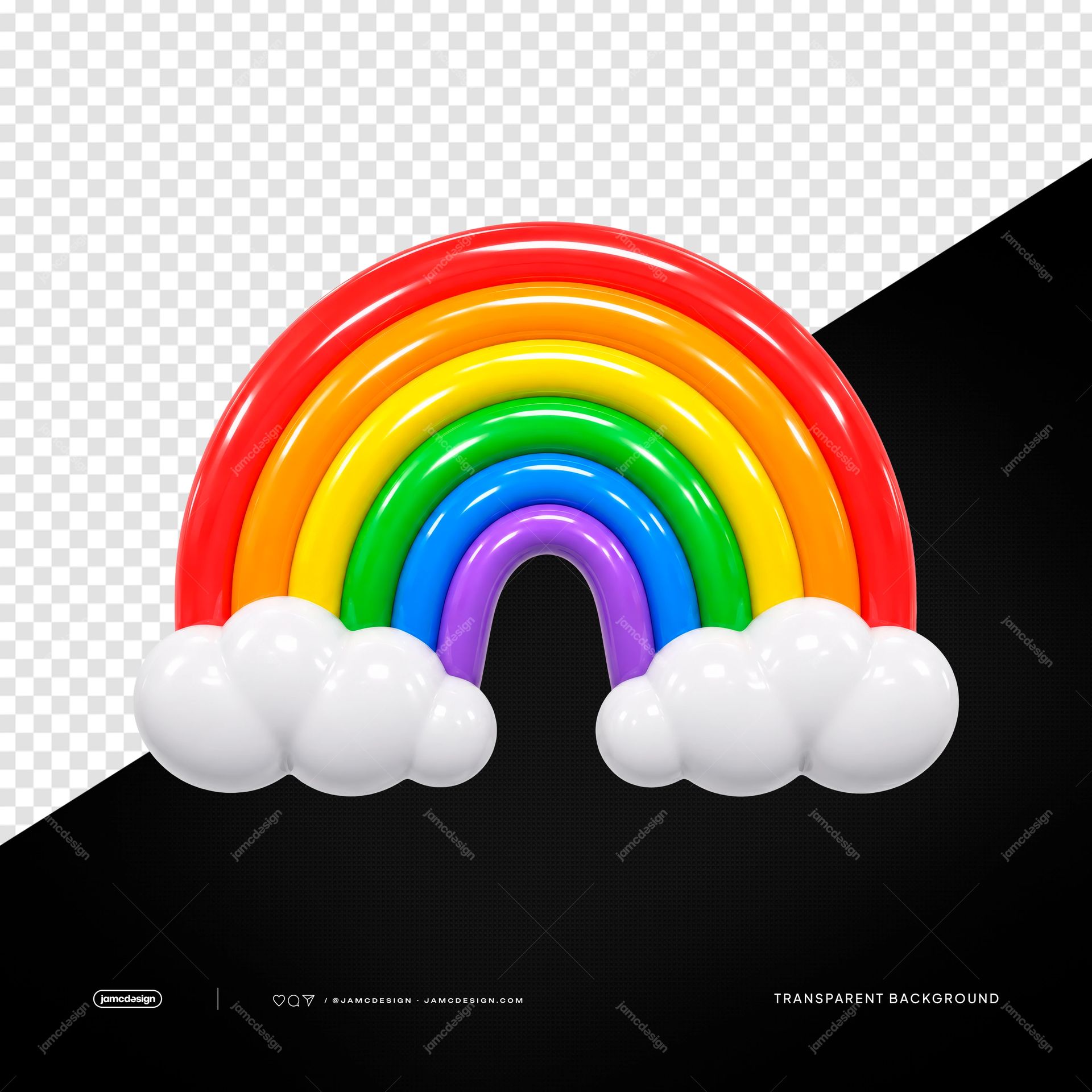 Rainbow Balloon Arch With White Cloud Base. PNG transparent object featuring a colorful rainbow balloon arch with glossy red, orange, yellow, green