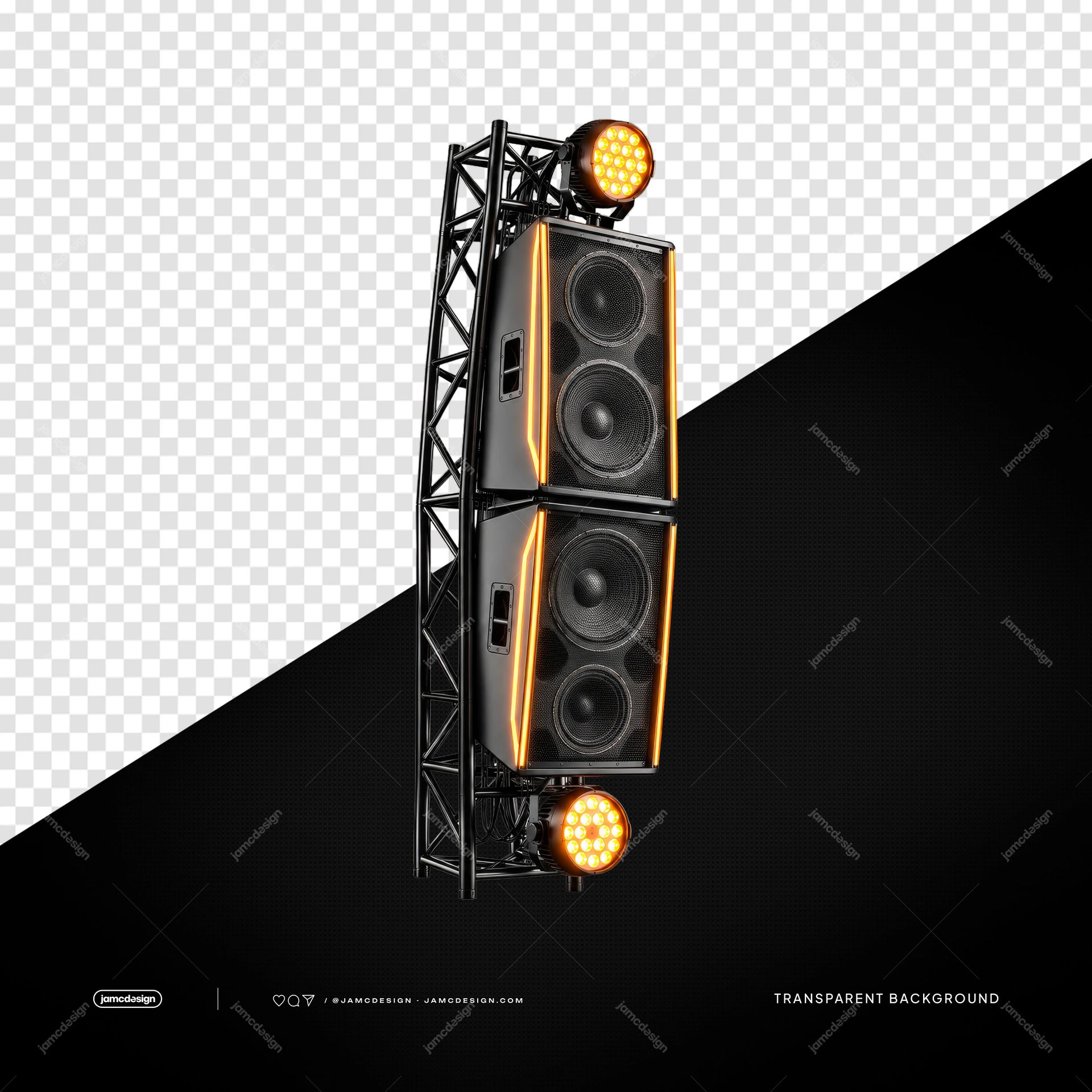 Speaker Tower With Orange Stage Lights PNG. This transparent object PNG shows a black speaker tower in a metal truss
