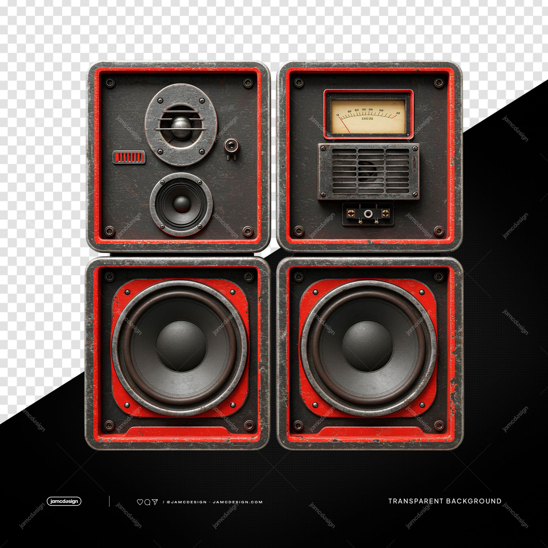 Vintage Red And Black Speaker Stack With Vu Meters PNG Transparent. Vintage red and black speaker stack supplied as a transparent PNG object
