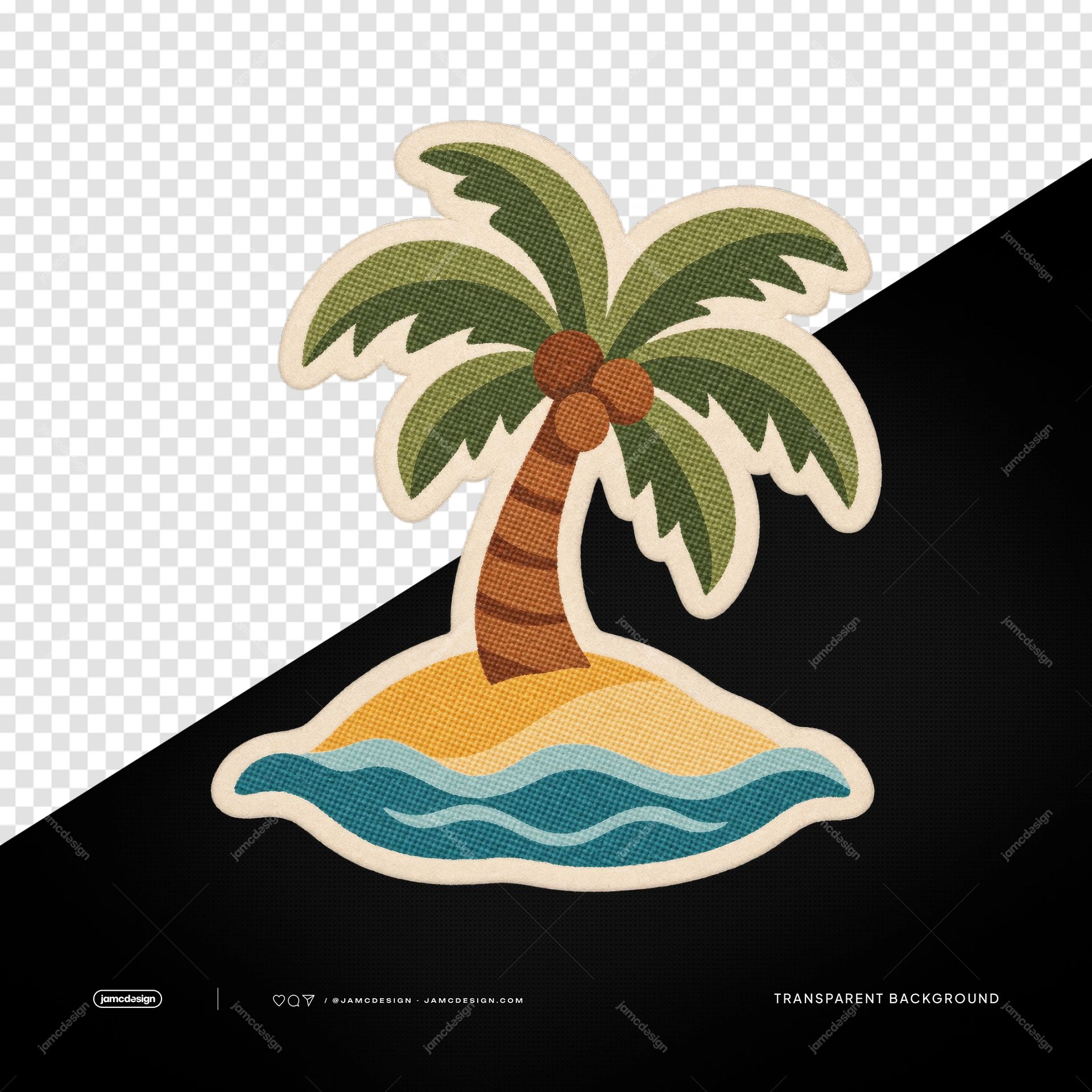 Parche De Isla Tropical Con Palmera Bordada PNG. Este PNG transparente muestra un parche bordado de una isla tropical con una palmera