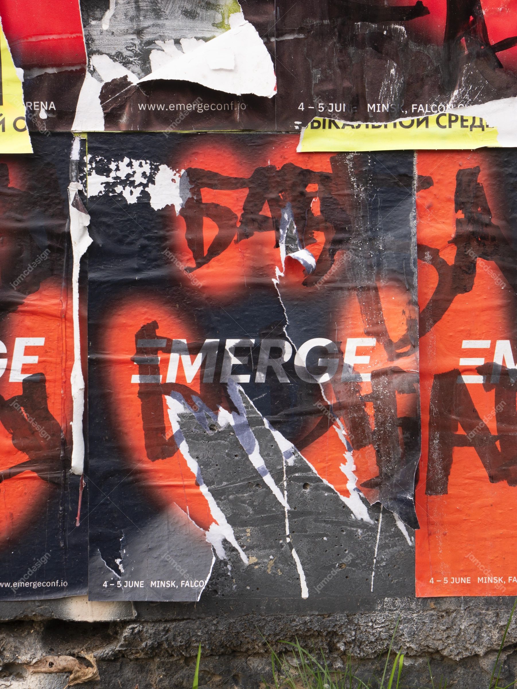 Distressed Red And Orange Layered Poster Texture PNG. Download this PNG texture of overlapping torn paper posters, with vivid red and orange areas