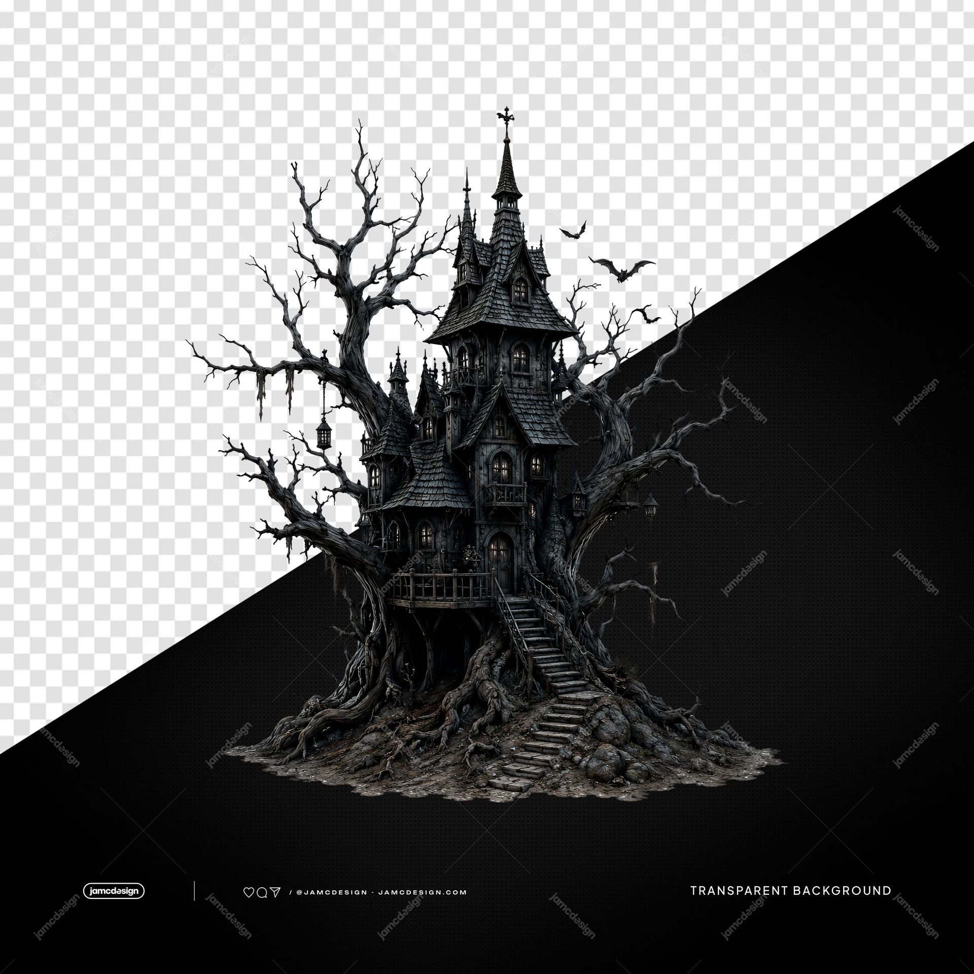 Casa Na Árvore Assombrada Gótica PNG Fundo Transparente. Ilustração gótica de casa na árvore assombrada fornecida como PNG com fundo transparente