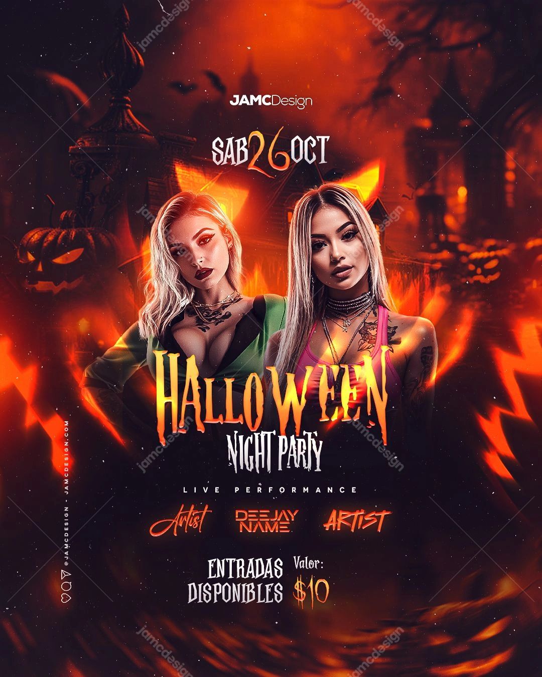 Halloween Party Flyer Flyer Template PSD. Editable PSD template for a Halloween night party flyer, with two blonde models in dramatic makeup