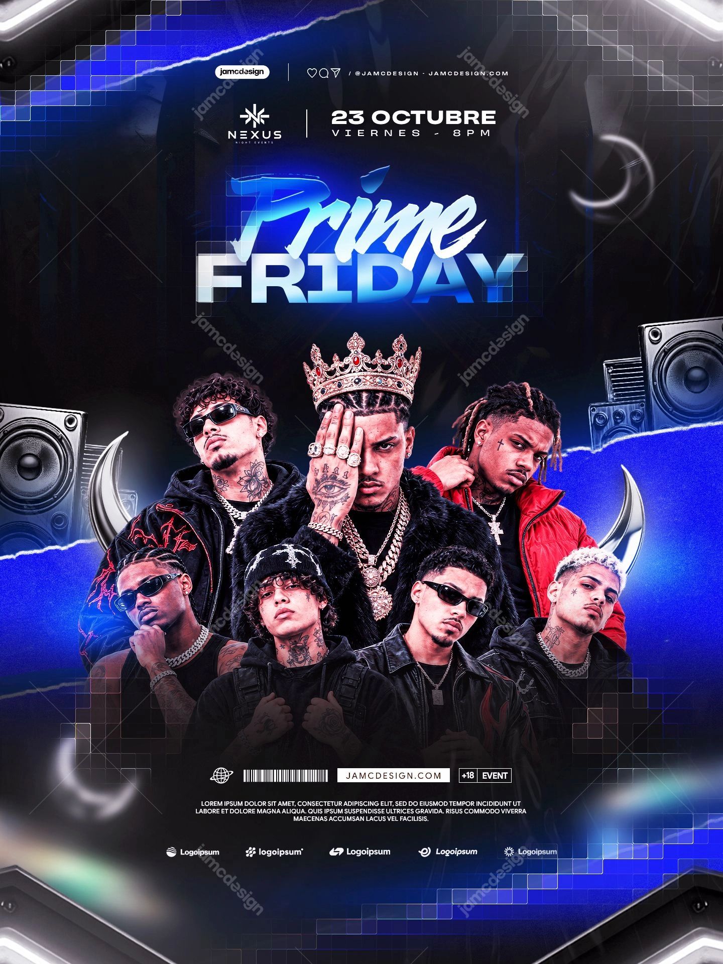 Prime Friday Party Flyer Template PSD. Download this editable PSD event flyer for a Friday night party, featuring a group of male fashion figures