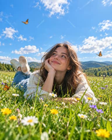 Smiling Woman Lying In A Spring Wildflower Meadow