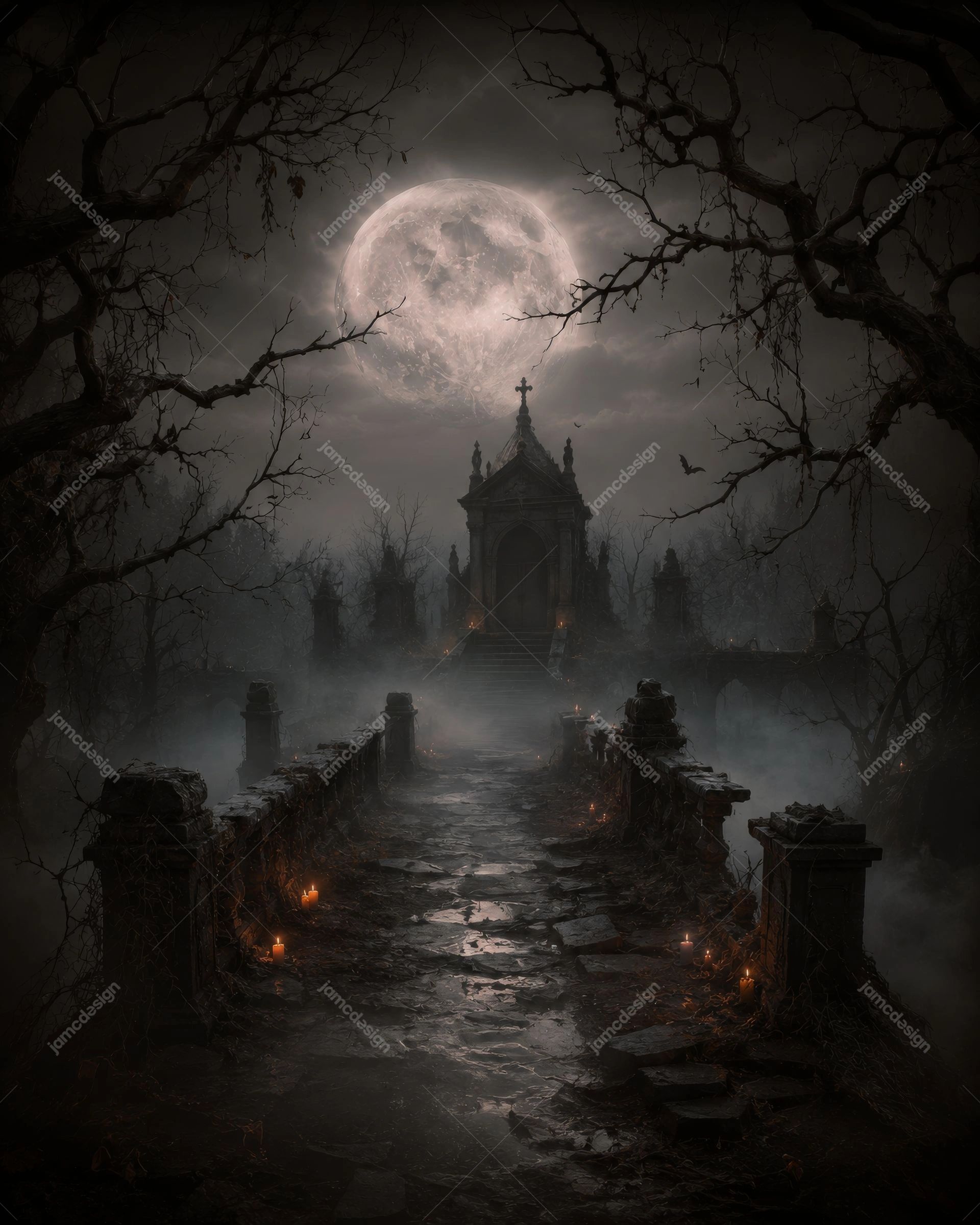 Gothic Ruins Bridge Full Moon Halloween Background. JPG background depicting a Gothic stone bridge leading to a shadowy chapel beneath a full moon