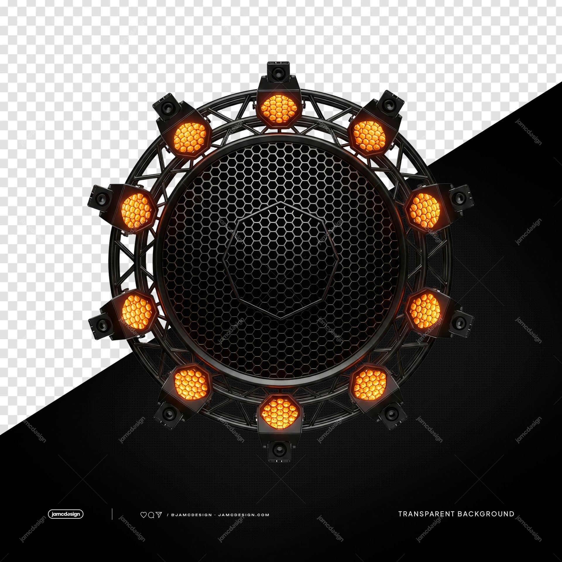 Cercha Circular De Escenario Con Focos Naranjas PNG. Descarga este objeto en PNG transparente, con una estructura circular de truss metálico negro equipada