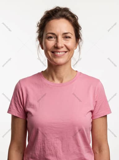 Smiling Brunette Woman In A Pink T-Shirt