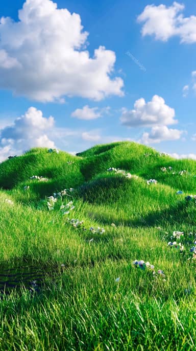 Rolling Green Hills With Wildflowers Under A Blue Sky