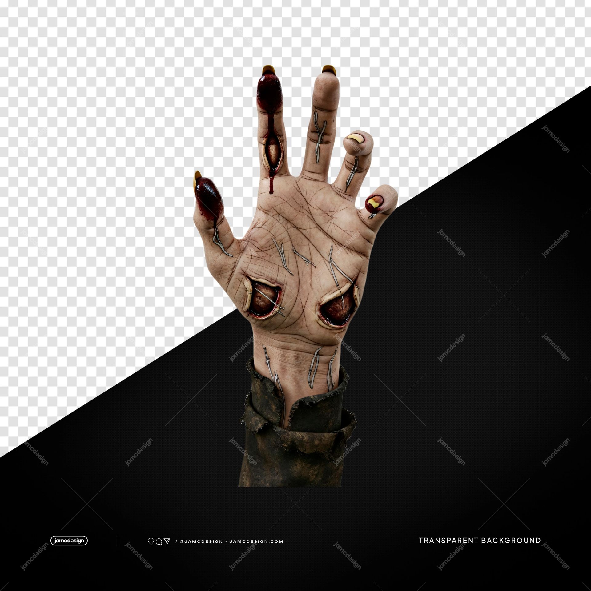 Zombie Hand With Eye In Palm Horror Transparent Object PNG. PNG transparent object featuring a photorealistic zombie hand with exposed wounds