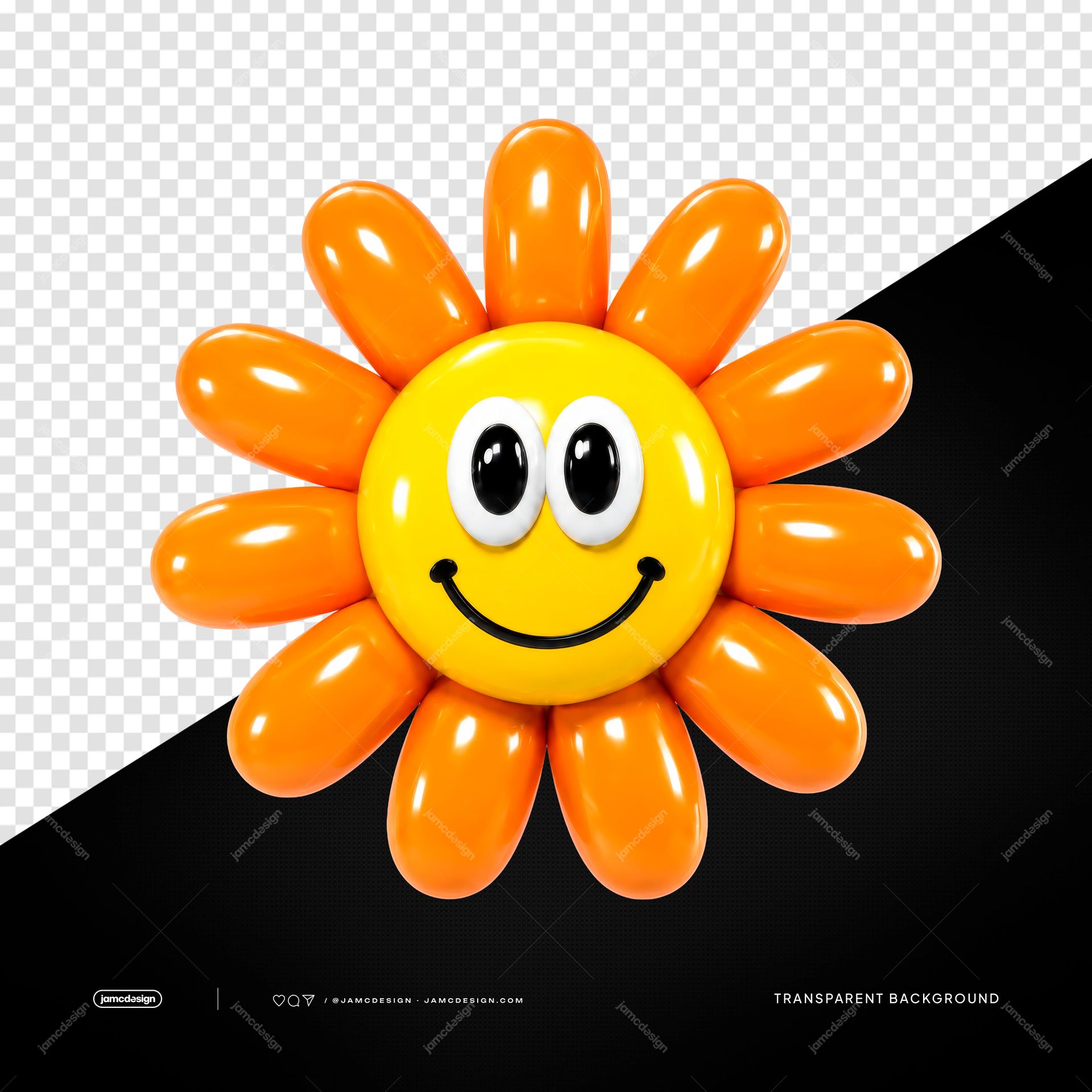 Iridescent Floating Bubble Balloon Isolated. PNG transparent object featuring a glossy orange and yellow balloon arranged as a cheerful flower with a smiling