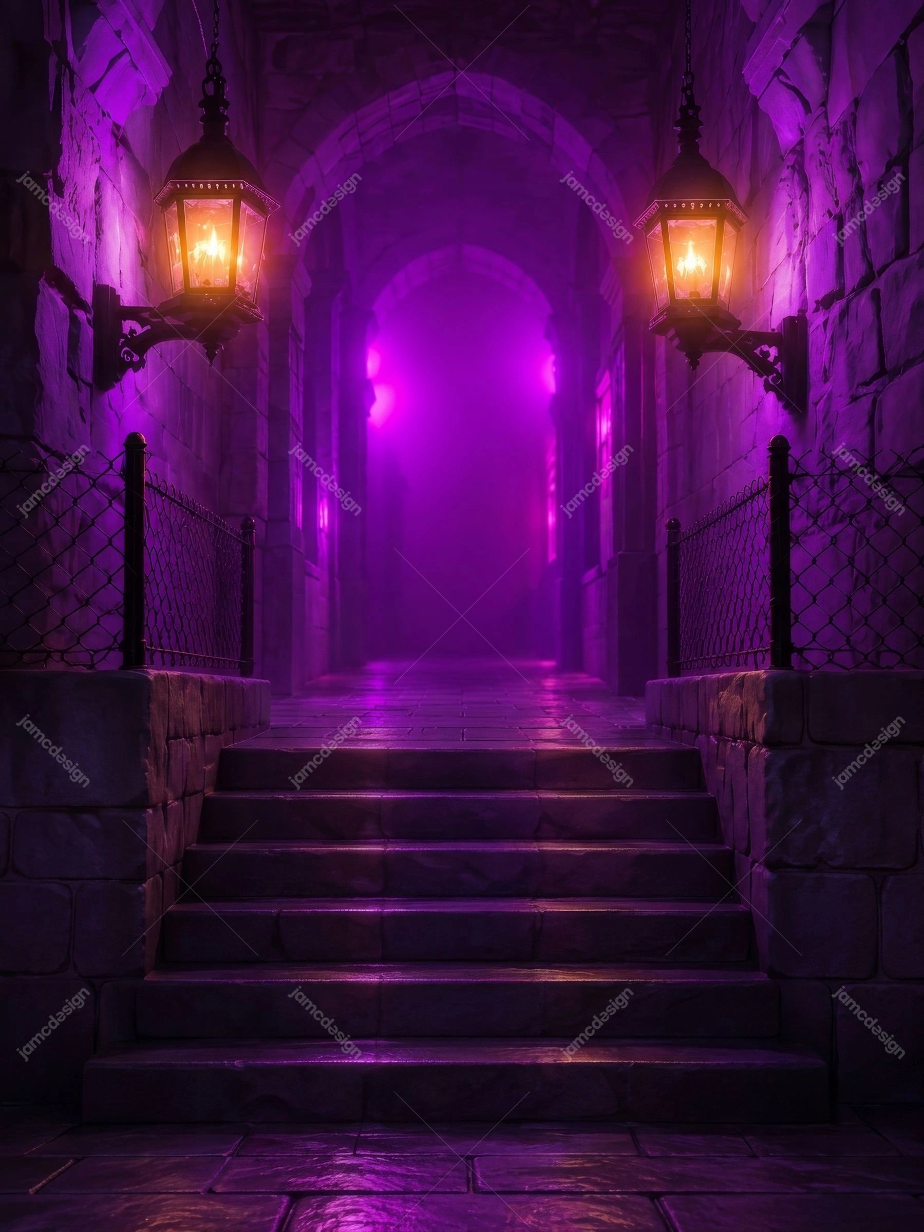 Purple Gothic Stairway Halloween Background. Download this JPG background of a gothic stone stairway leading through an arched passage