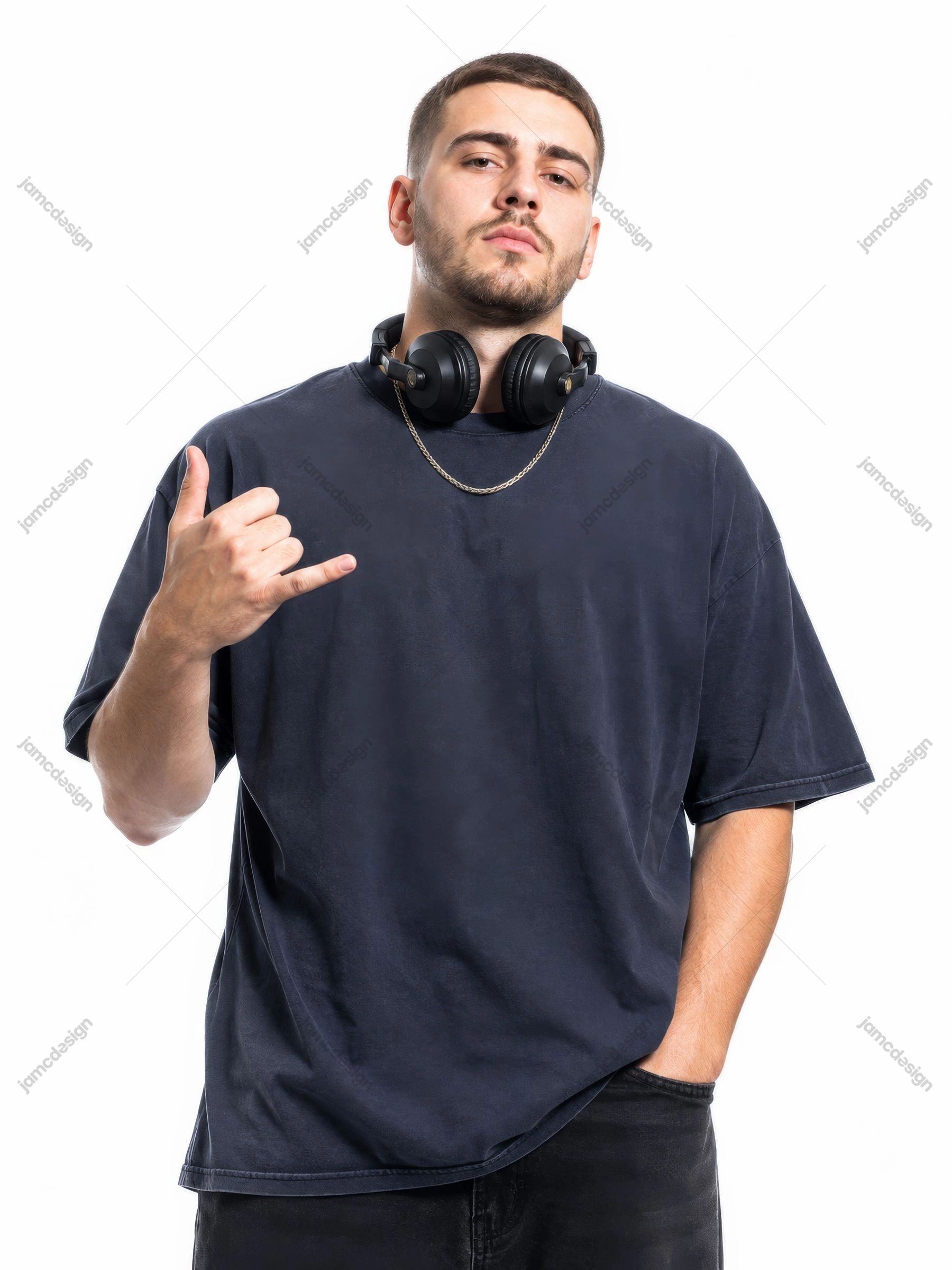 DJ Artist Dark Oversized Shirt Studio Headphone Figure Portrait JPG. JPG photo of a man in a dark oversized shirt with headphones around his neck