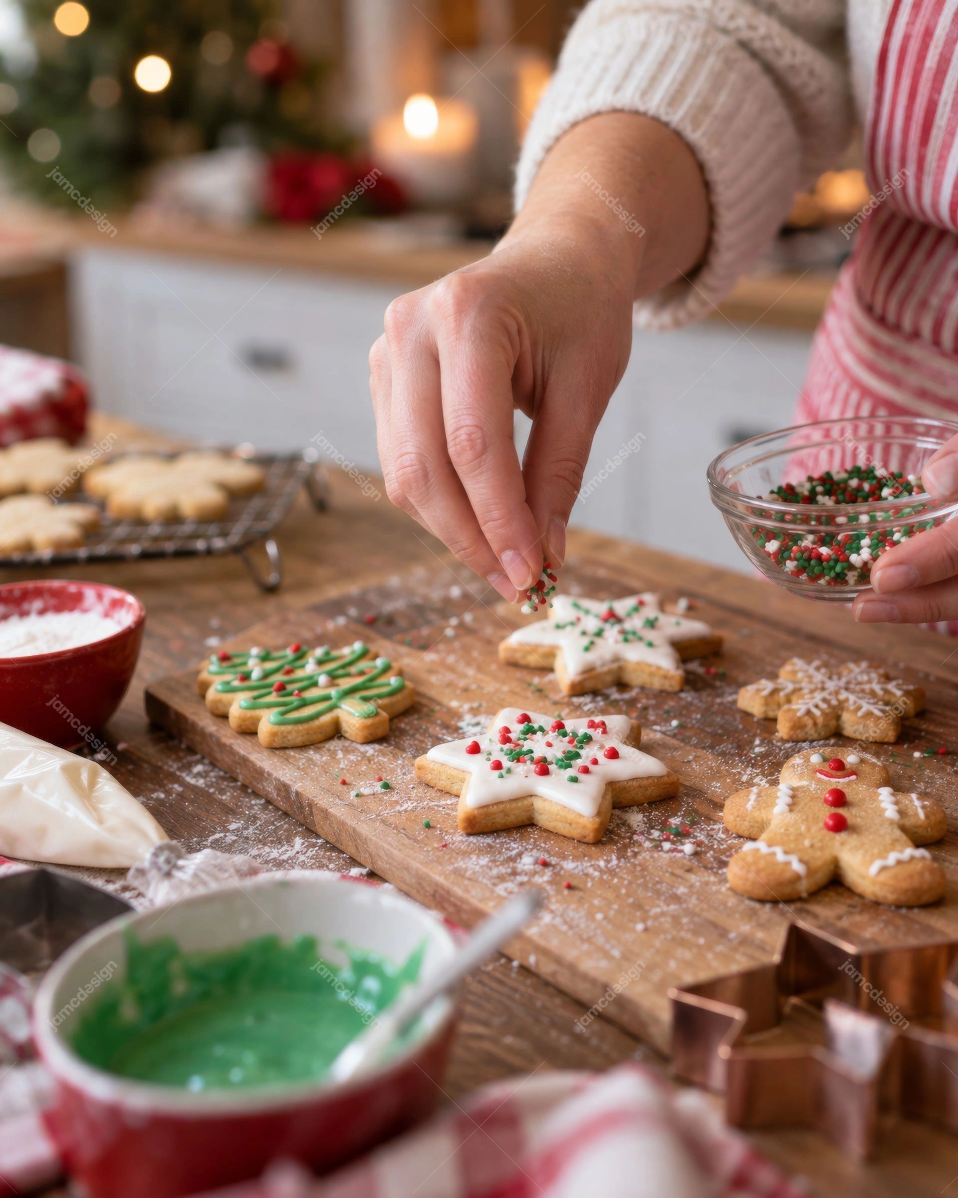 Décoration De Biscuits De Noël Dans La Cuisine. Photo JPG d’une personne décorant des biscuits de Noël dans une cuisine chaleureuse