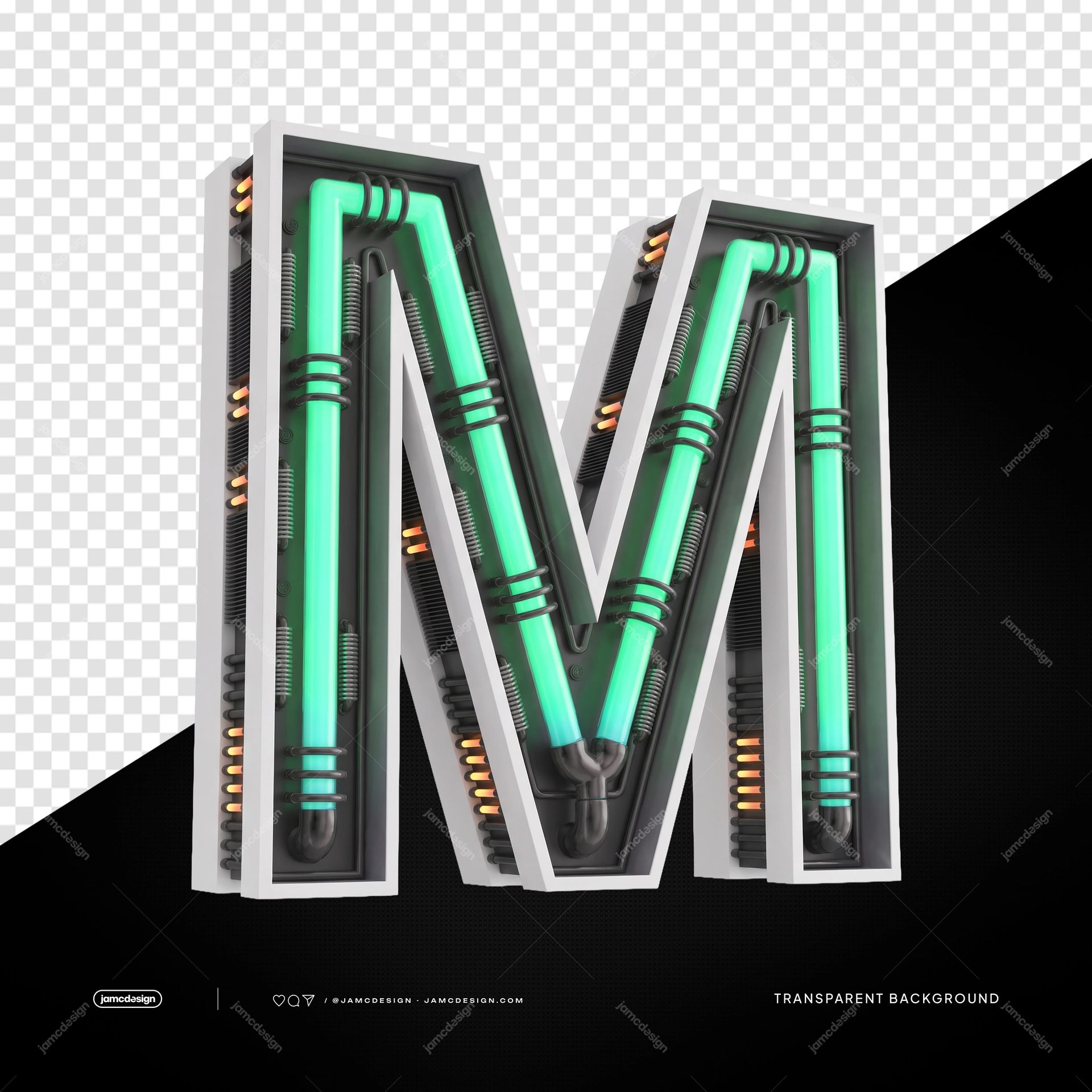 3D Futuristic Industrial Neon Letter M PNG Transparent Background. 3D futuristic industrial neon letter M supplied as a PNG with a transparent background