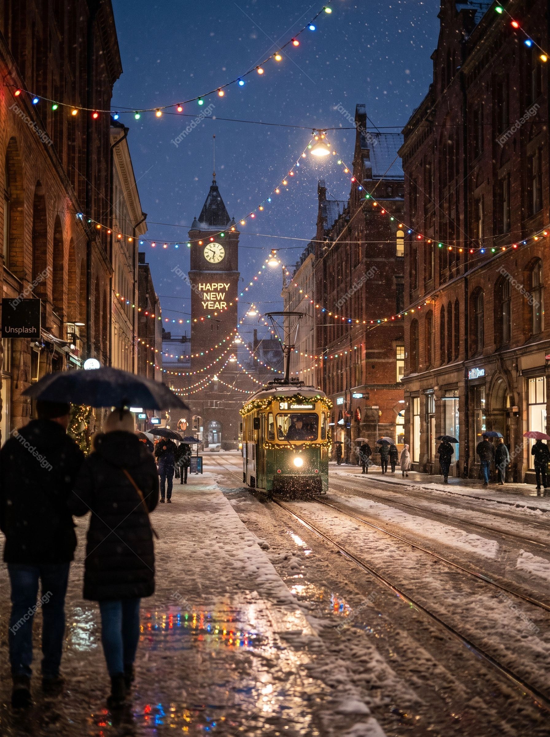 Snowy New Year's Eve City Street With Lit Tram. This JPG photo captures a snowy city street on New Year's Eve, with a lit tram, bundled pedestrians