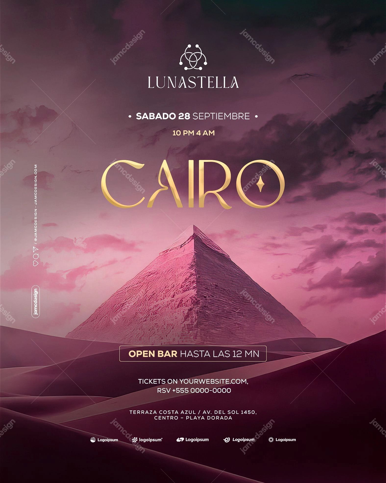 Cairo Music Festival Event Flyer Template PSD Editable. Editable PSD template for an event flyer with a pink and magenta Egyptian-themed desert scene