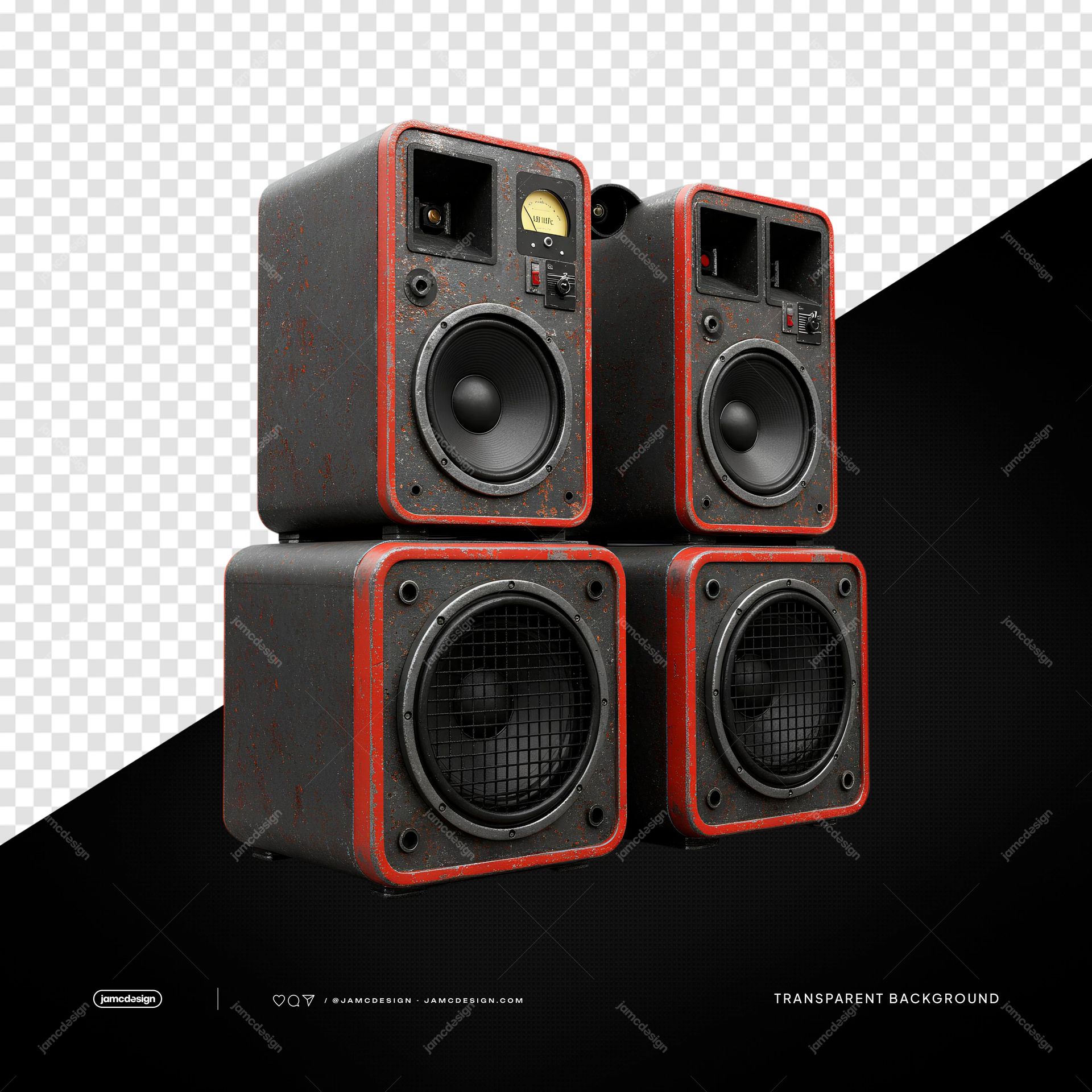 Black And Red DJ Speaker Stack With Subwoofers PNG Transparent. Black and red PNG transparent object showing a four cabinet DJ speaker stack