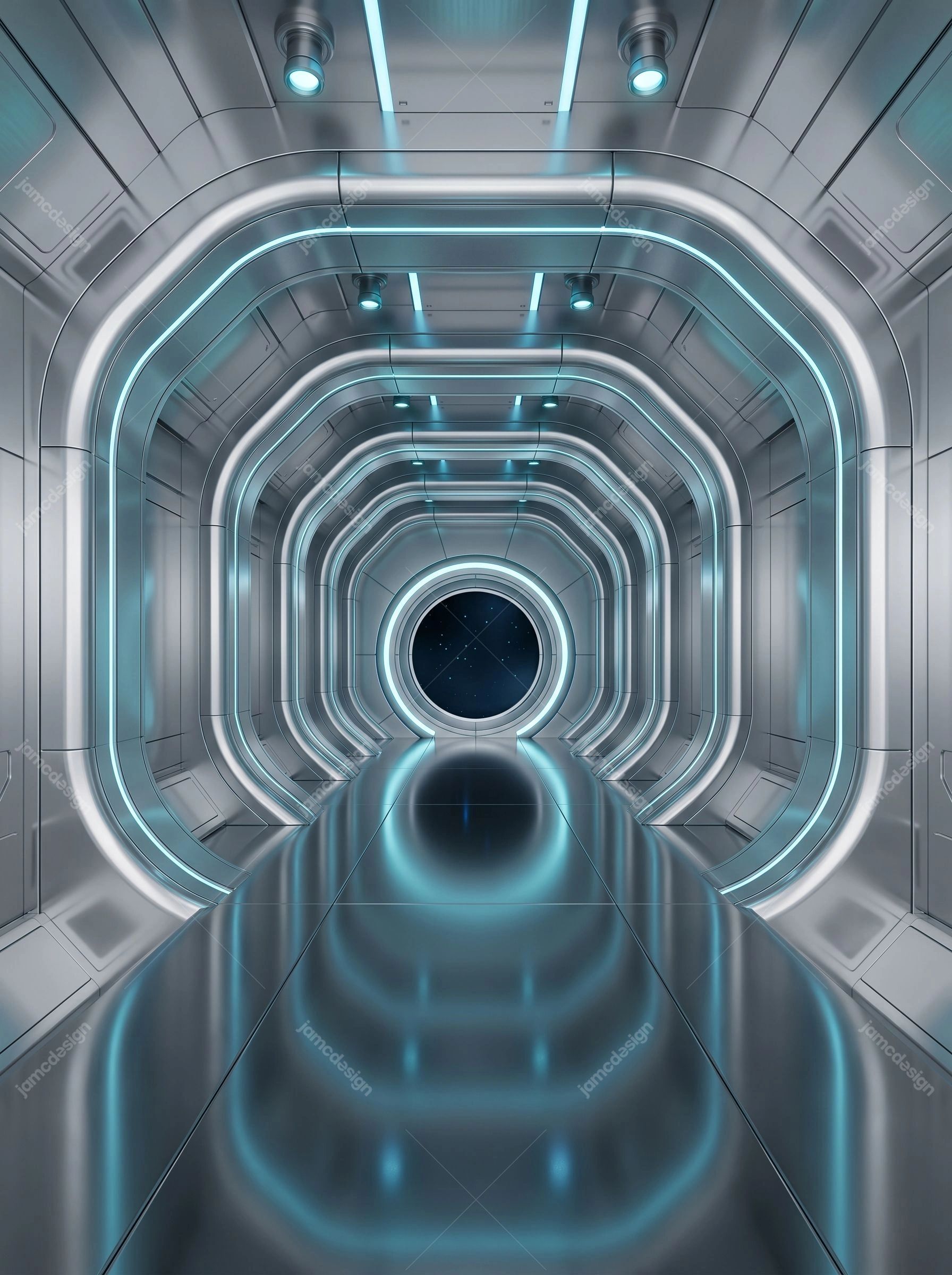 Futuristic Hexagonal Tunnel Background. Download this JPG background showing a bright futuristic hexagonal tunnel with metallic panels