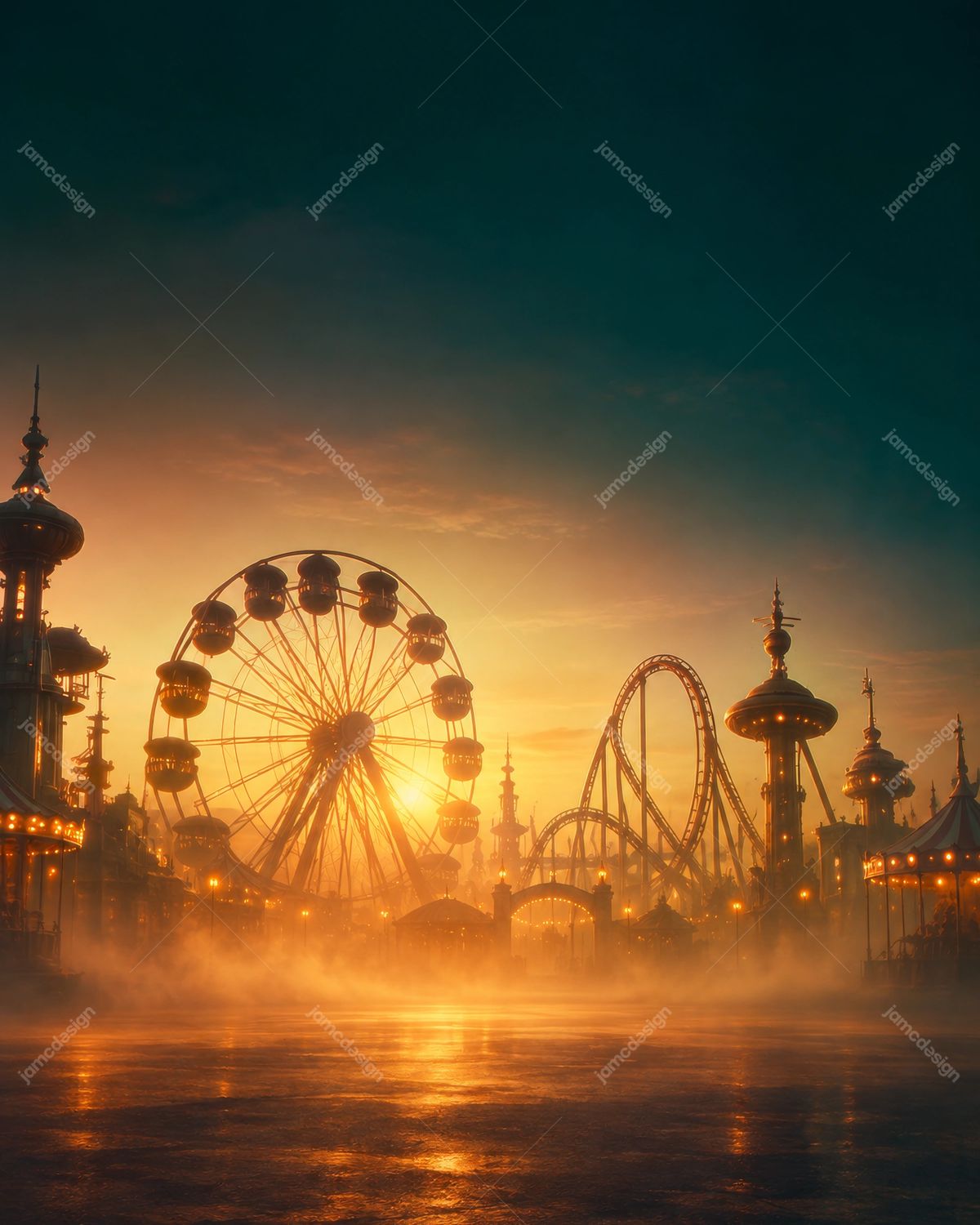 Steampunk Amusement Park Sunset Background PNG