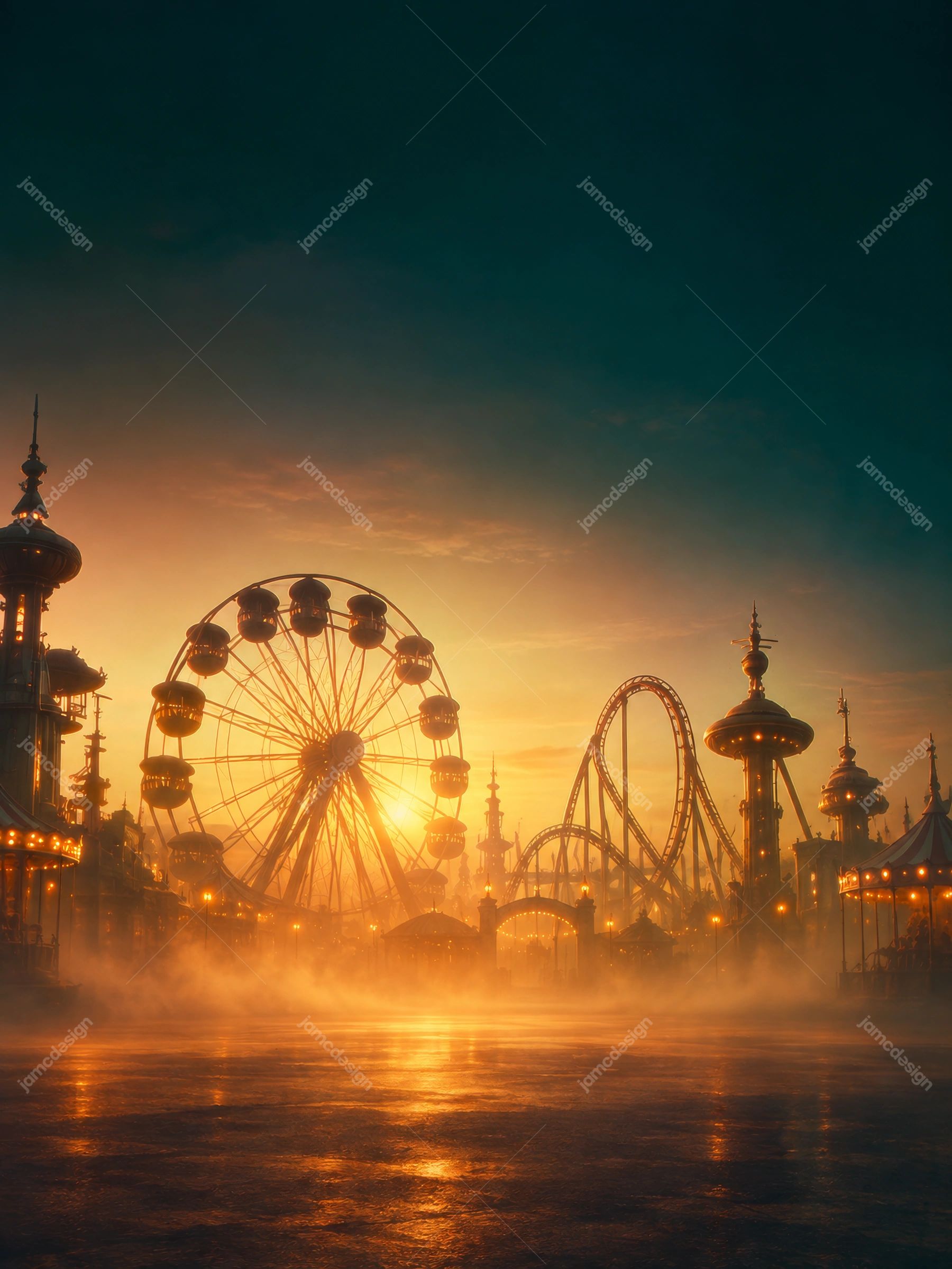 Steampunk Amusement Park Sunset Background PNG. Download this PNG background showing an ornate carnival at sunset, with a Ferris wheel, looping roller coaster