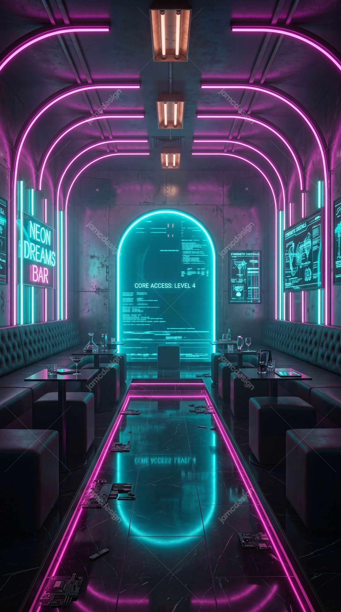 Cyberpunk Lounge Background With Neon Arches. Download this JPG background showing a futuristic cyberpunk lounge interior with glowing pink and cyan arches
