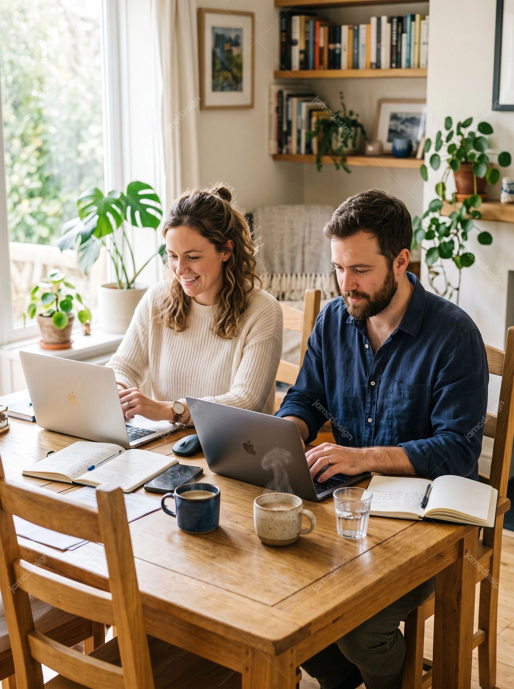 Couple Working From Home With Laptops. JPG photo of a couple working on laptops at a wooden table in a bright, plant filled home interior
