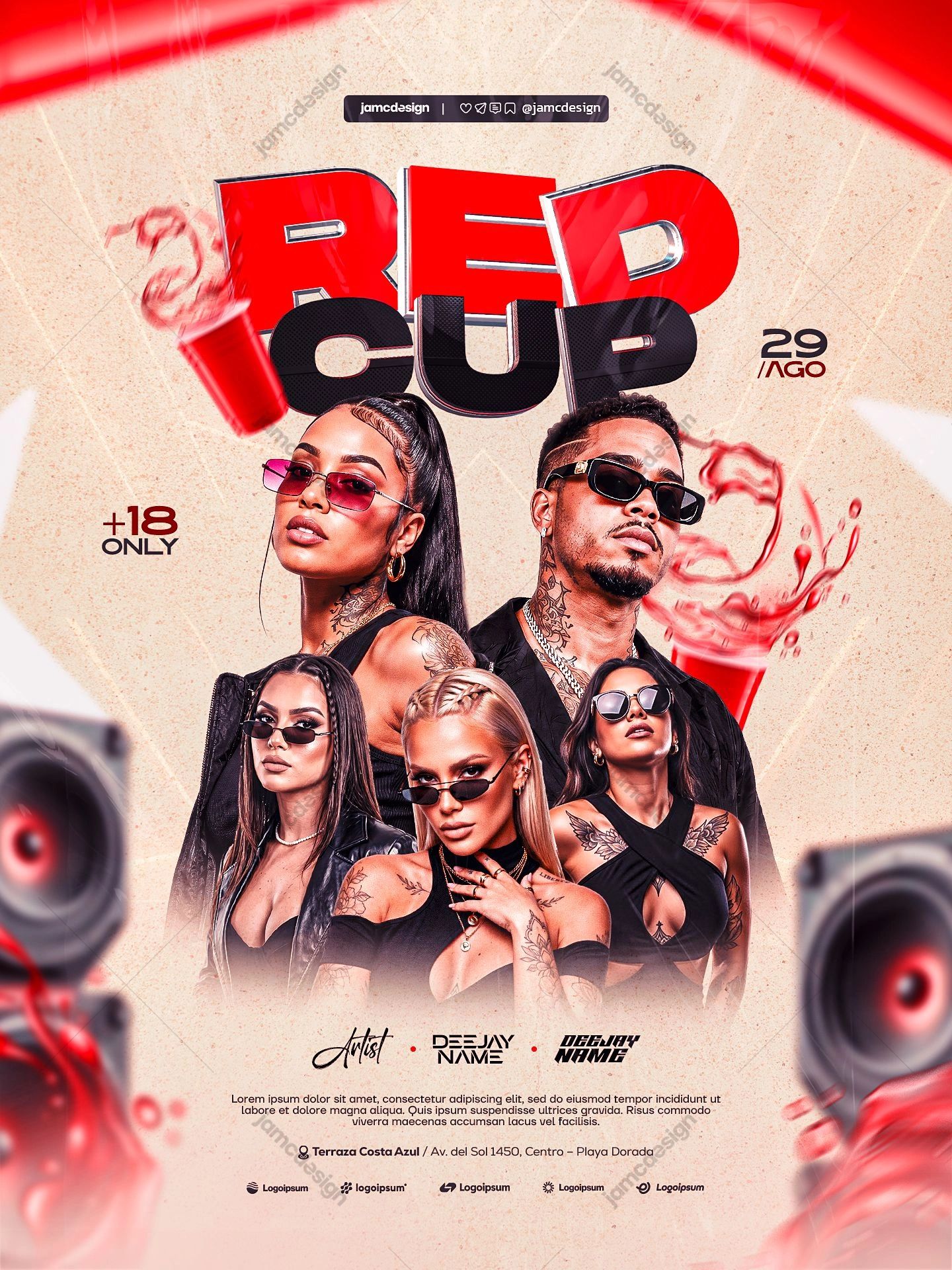 Red Cup Sunglasses Fashion Portraits Flyer PSD. Editable PSD event flyer template featuring four fashion portraits with sunglasses, red drink cups