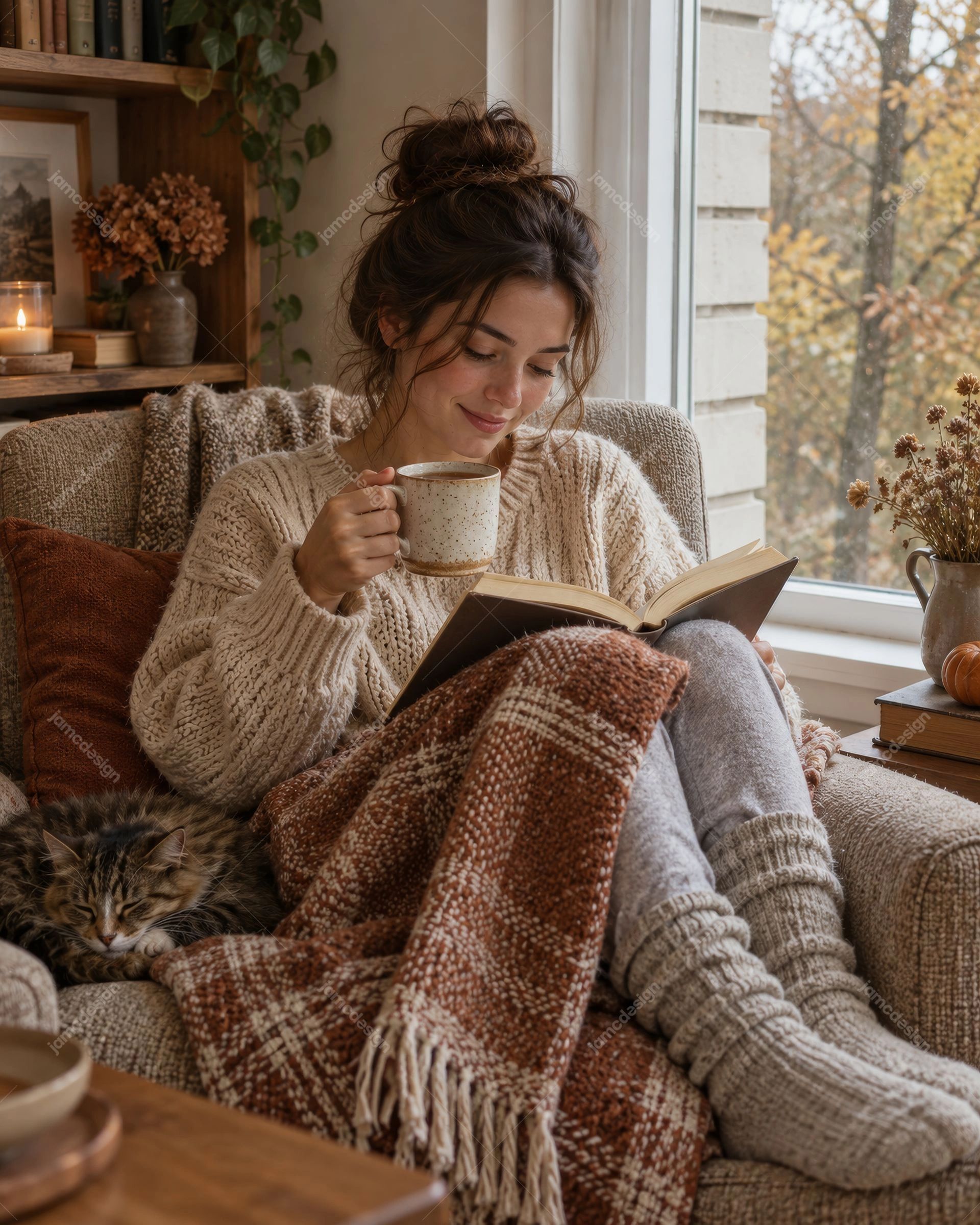 Photo Chaleureuse D’Une Femme Lisant Près D’Une Fenêtre. Cette photo JPG montre une femme lisant un livre avec une tasse sous une couverture en tricot près