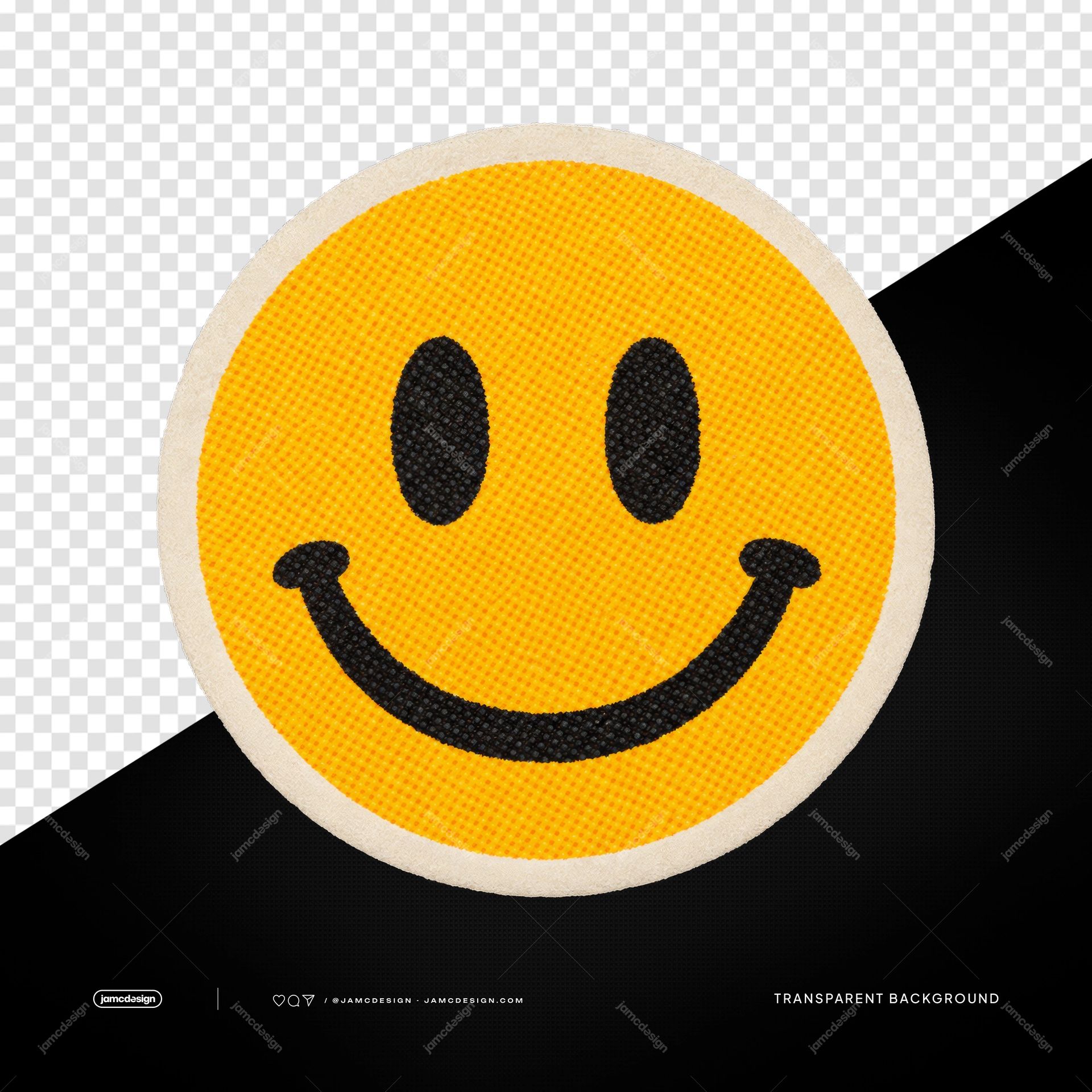 Parche De Tela Amarillo Con Cara Sonriente PNG. Este PNG transparente muestra un parche redondo de tela con una cara sonriente amarilla