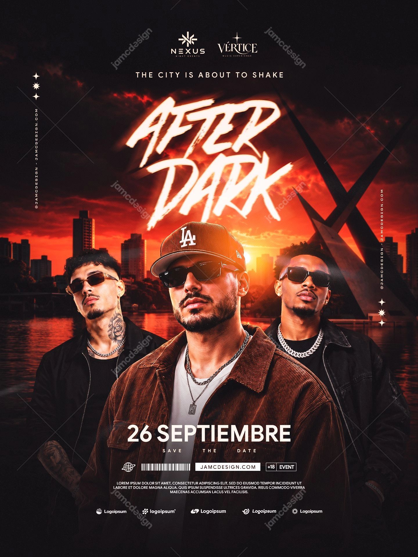 Urban Nightlife Flyer Template With City Skyline PSD. Download this editable PSD event flyer featuring three men, a city skyline at sunset
