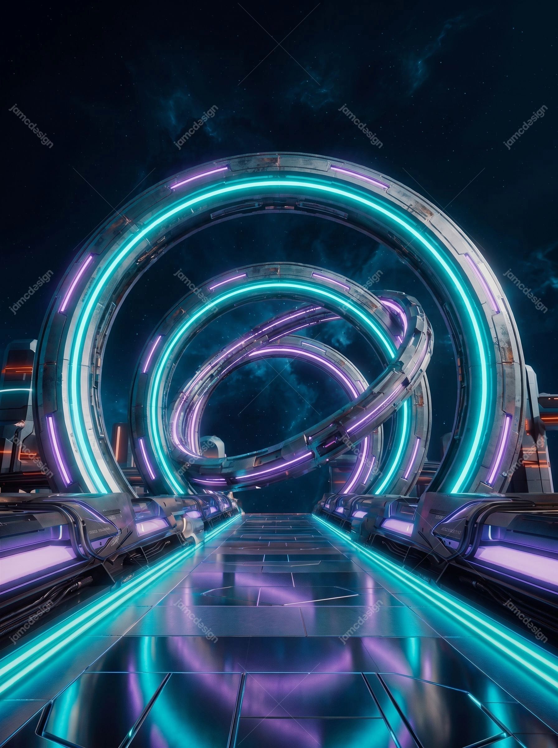 Futuristic Orbital Neon Gateway Background. JPG render of a futuristic neon gateway with overlapping metallic rings glowing in cyan and magenta