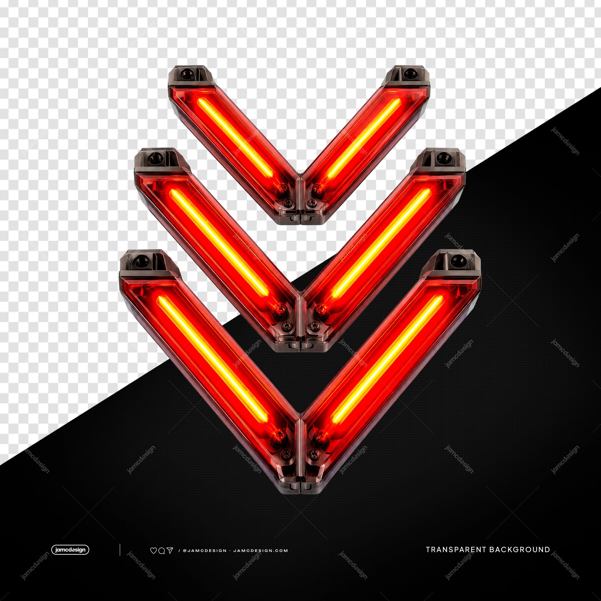Futuristic Red Neon Chevron Lights PNG Transparent Background. Three stacked red neon chevron arrows supplied as a PNG transparent object