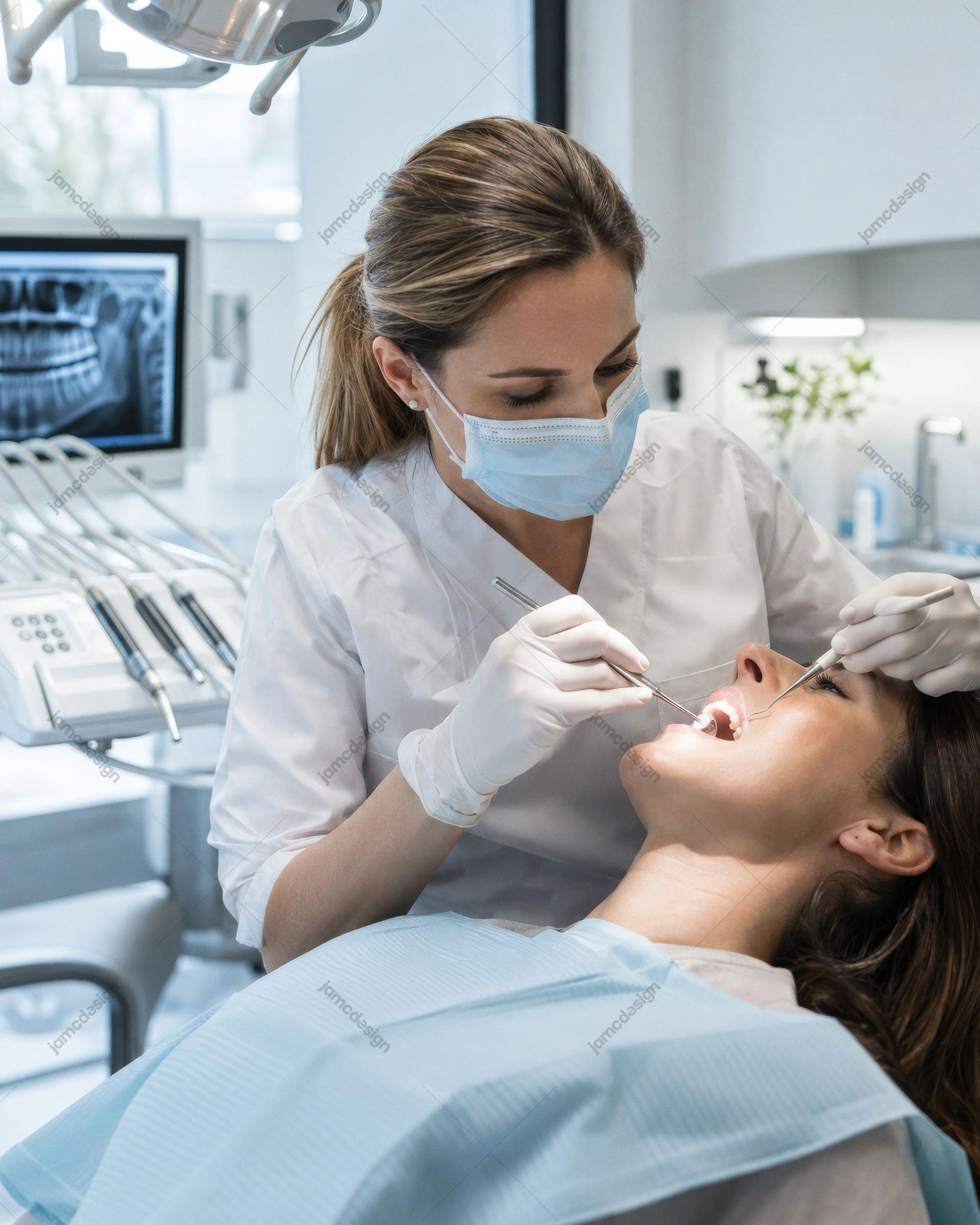 Dentista Atendiendo A Paciente En Clínica Dental. Descarga esta foto JPG realista de una dentista con mascarilla atendiendo a un paciente en un entorno clínico
